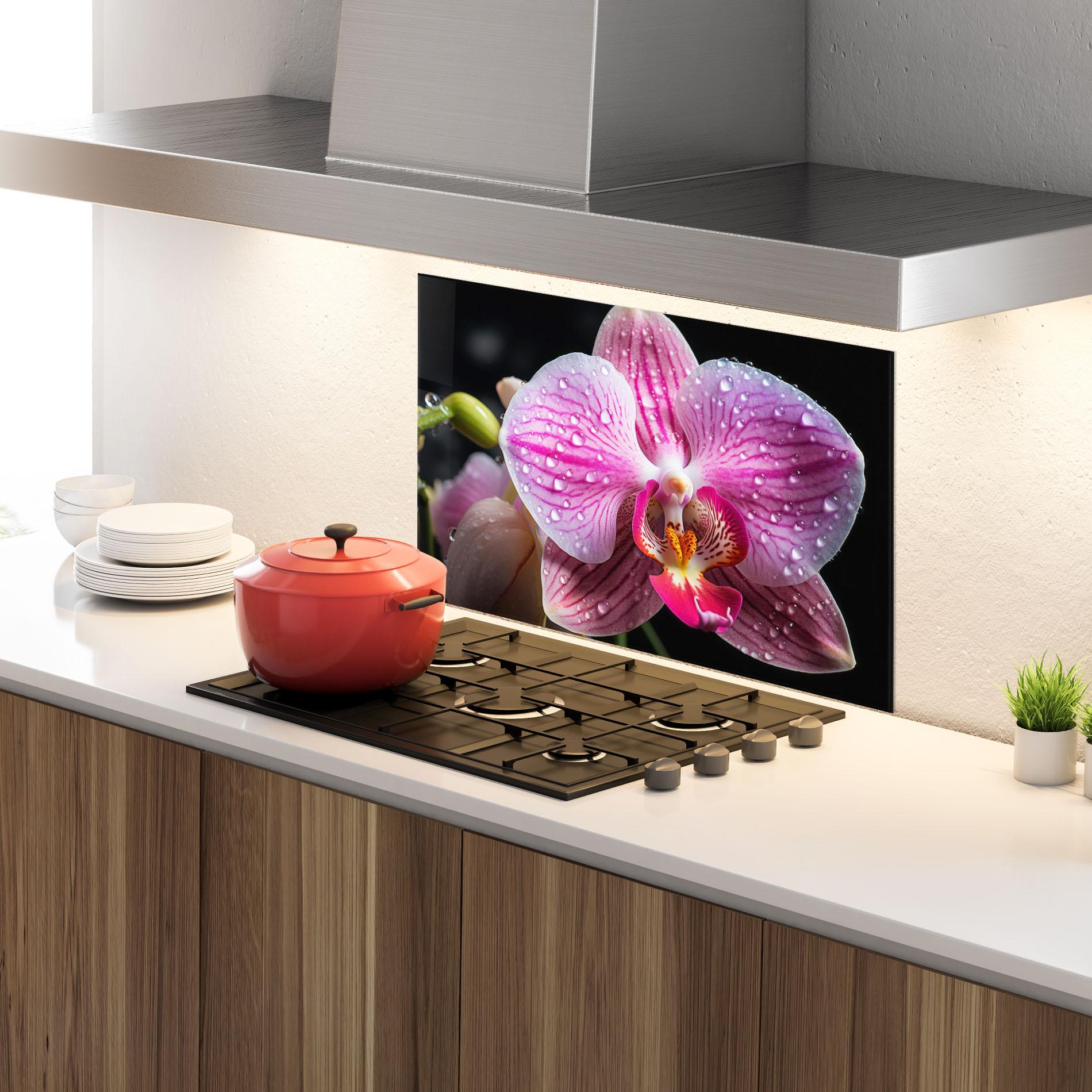 Küchenrückwand Glas Pretty Orchid After Rain mockup 4