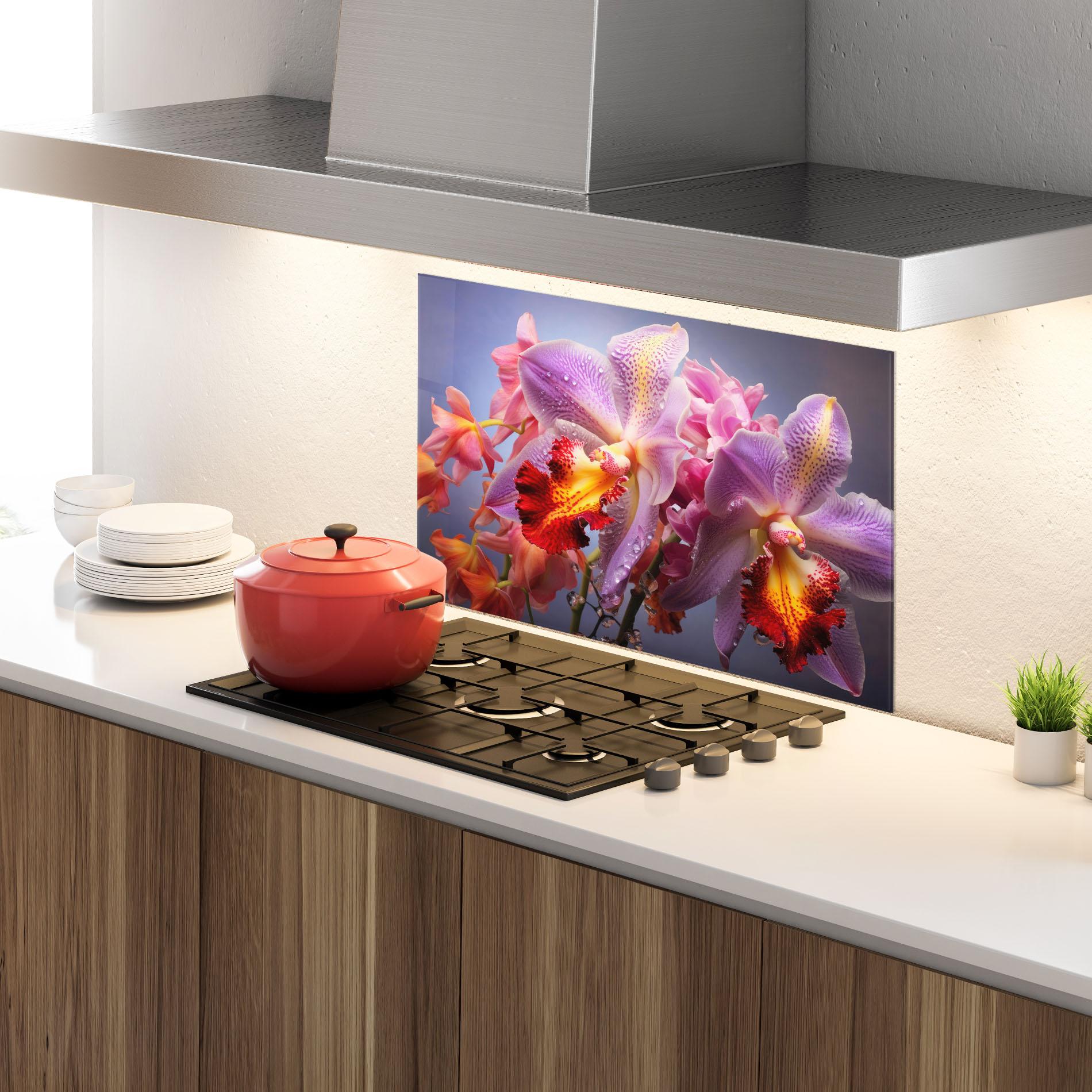 Küchenrückwand Glas Purple Orange Orchid View mockup 4