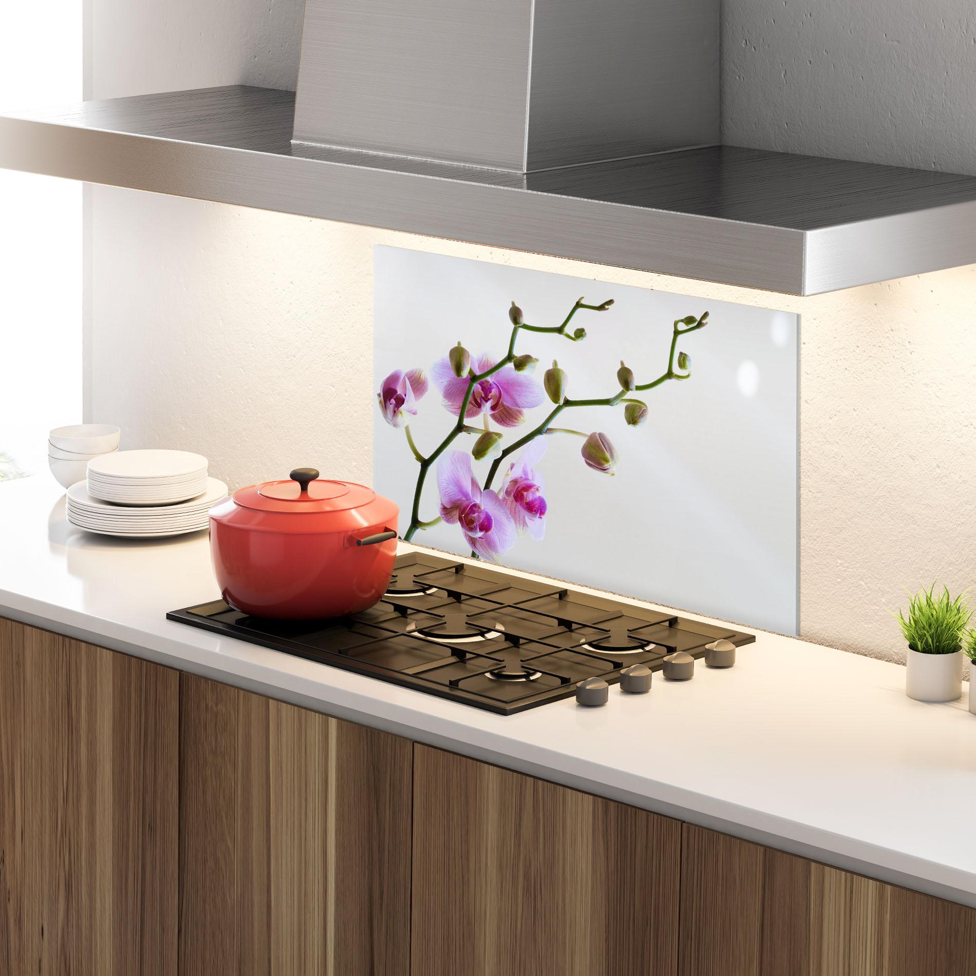 Küchenrückwand Glas Purple Orchid On Grey mockup 4