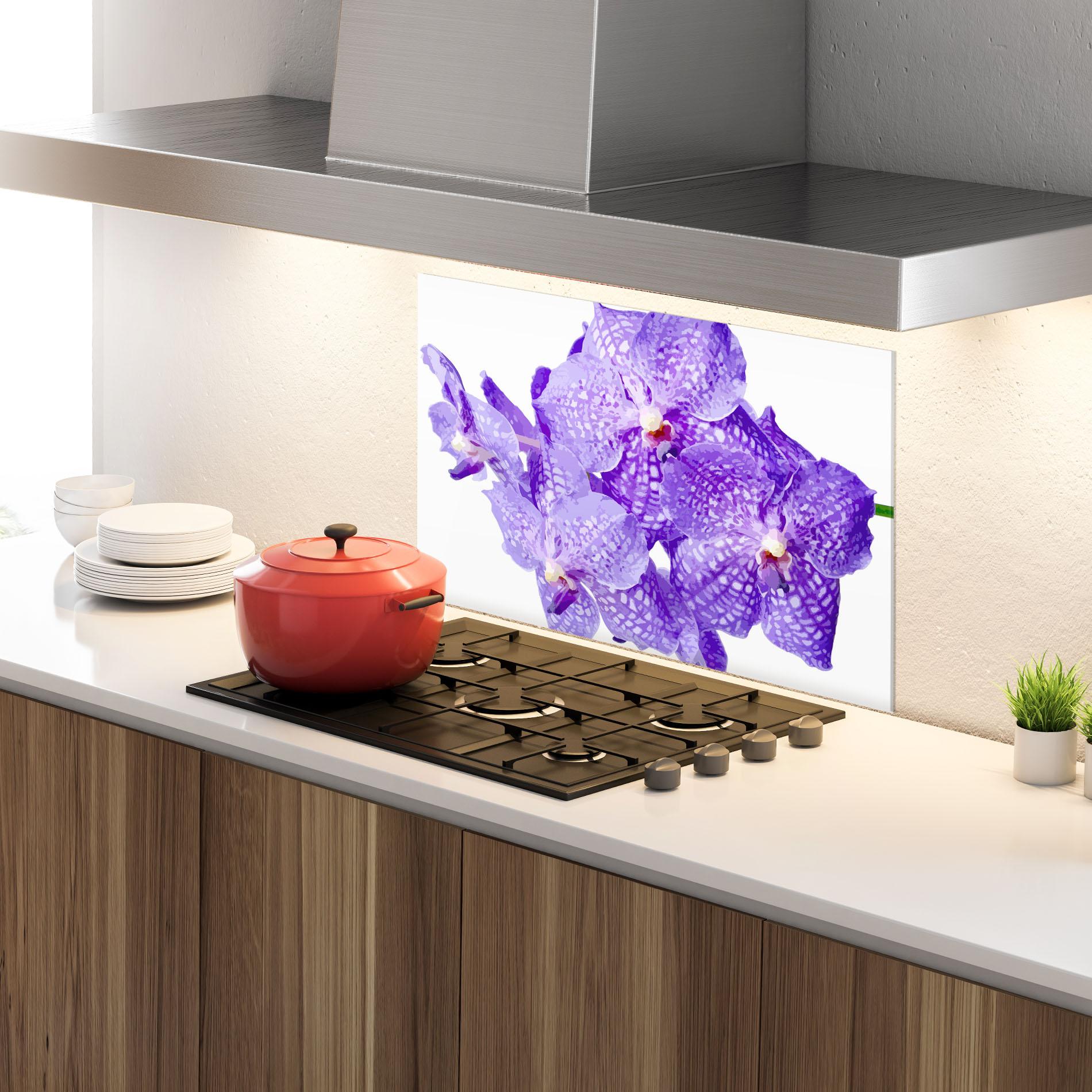 Küchenrückwand Glas Purple White Orchid mockup 4