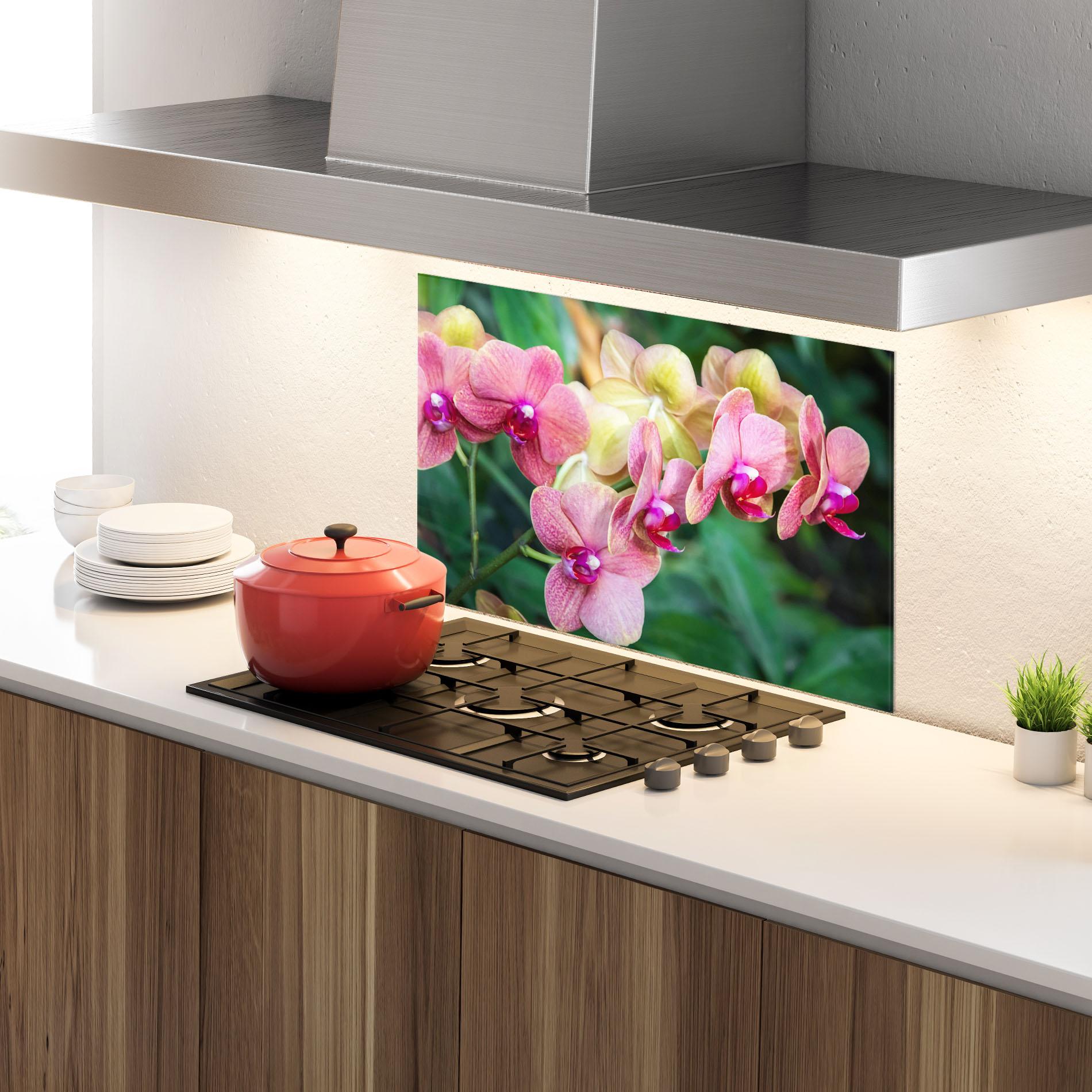 Küchenrückwand Glas Yellow Oink Orchid mockup 4