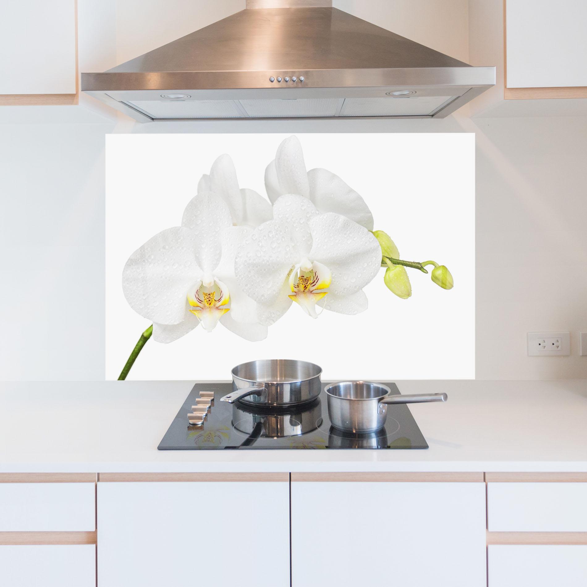 Küchenrückwand Glas Orchids On White mockup 5