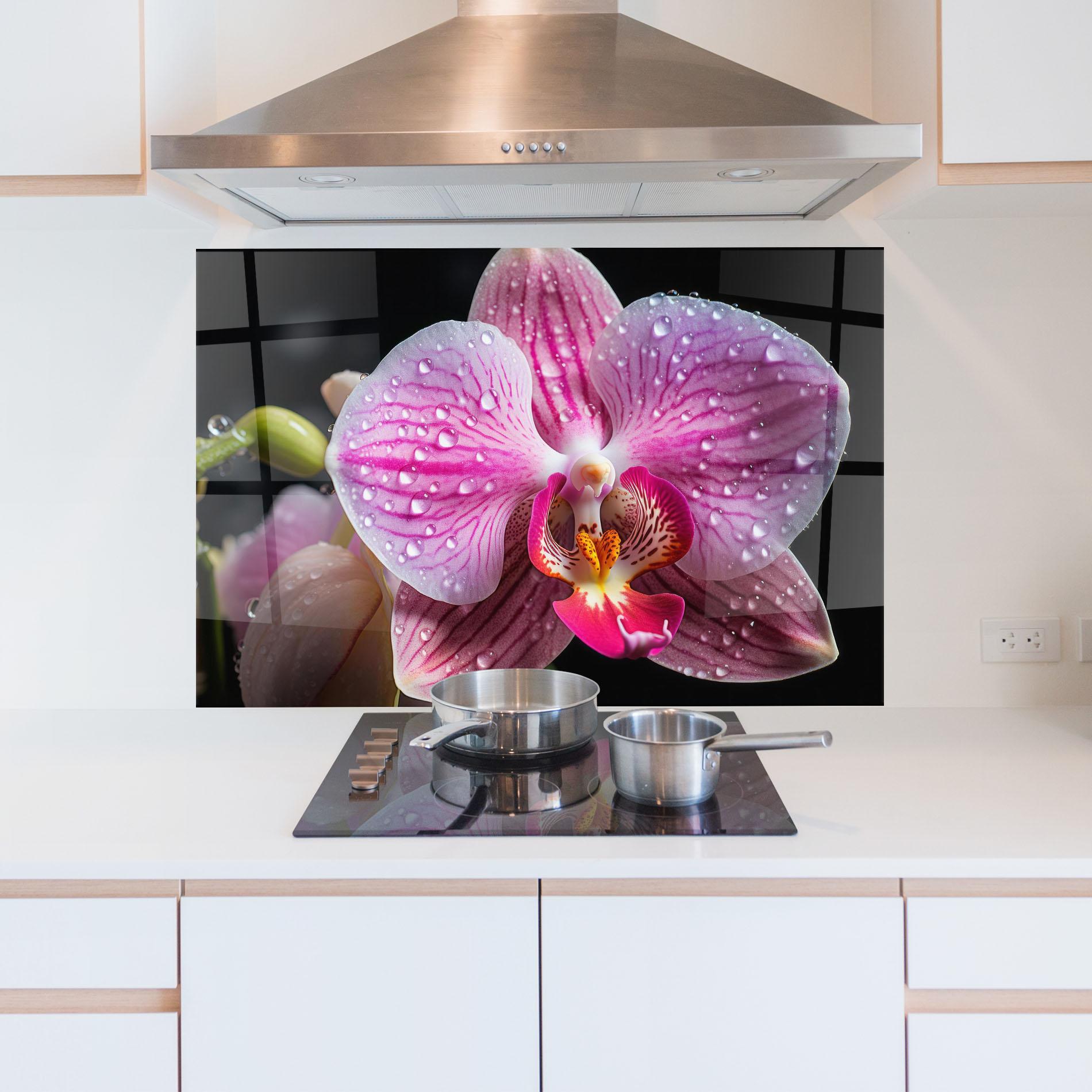 Küchenrückwand Glas Pretty Orchid After Rain mockup 5