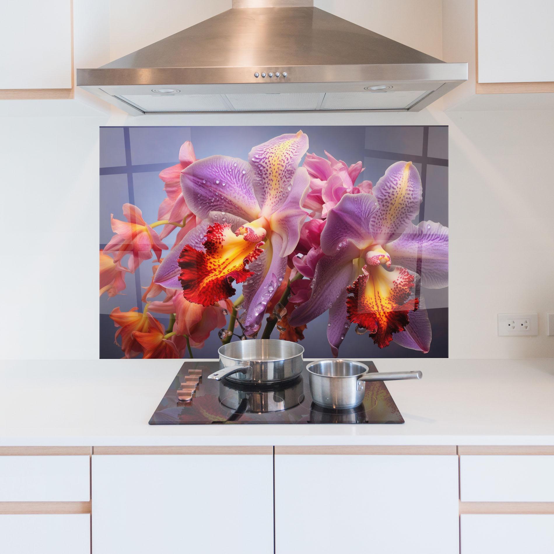 Küchenrückwand Glas Purple Orange Orchid View mockup 5