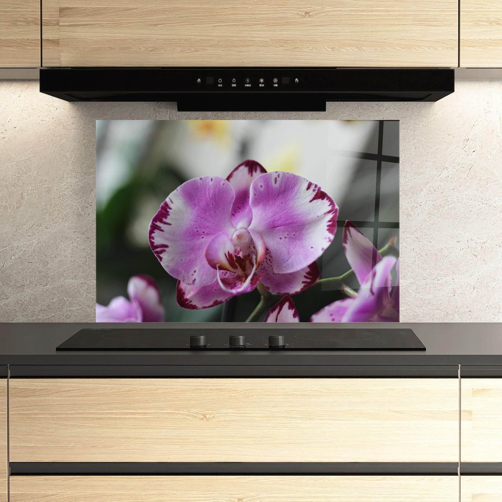 Küchenrückwand Glas Dark Purple Orchids In Nature mockup 3
