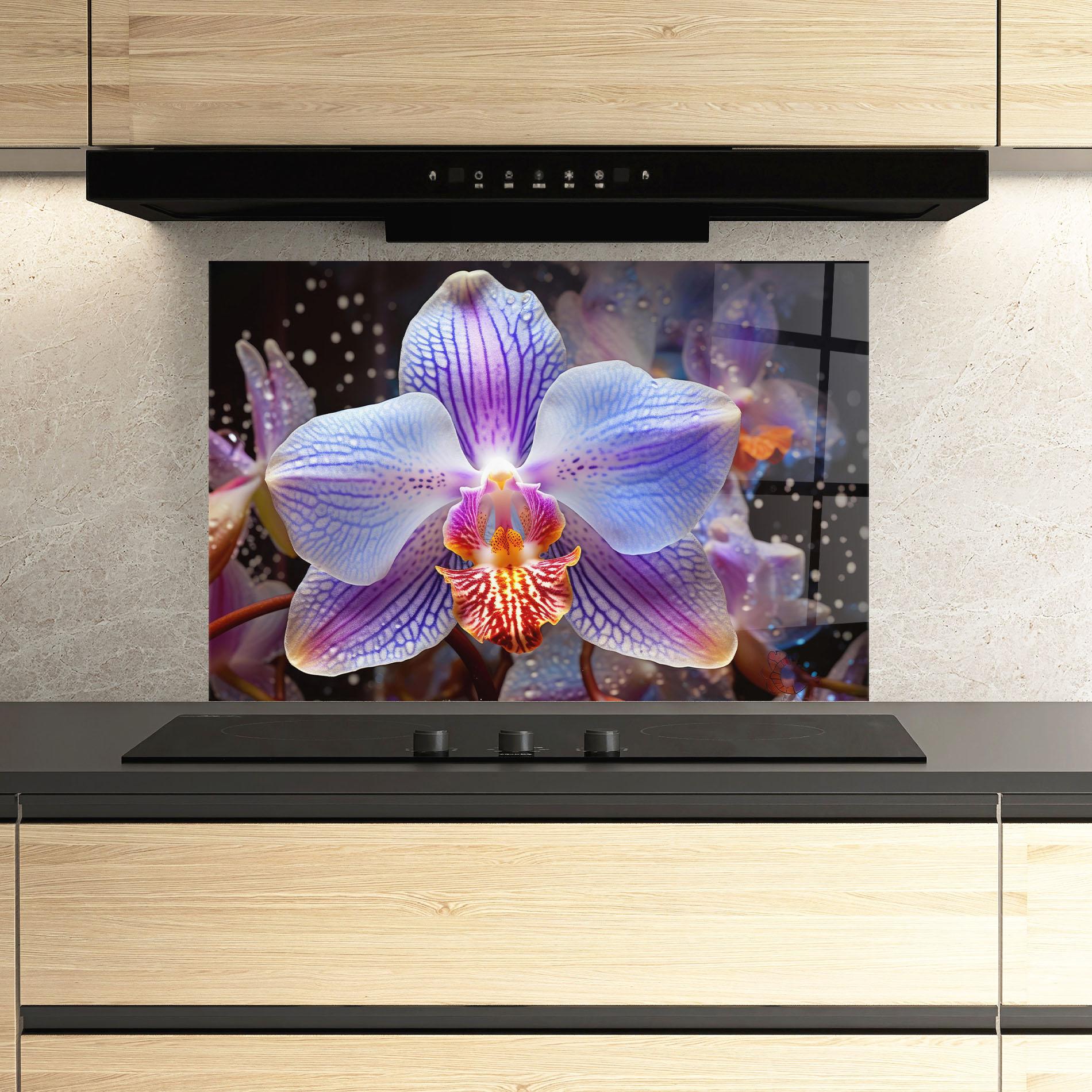 Küchenrückwand Glas Light Purple Orchid Art mockup 3