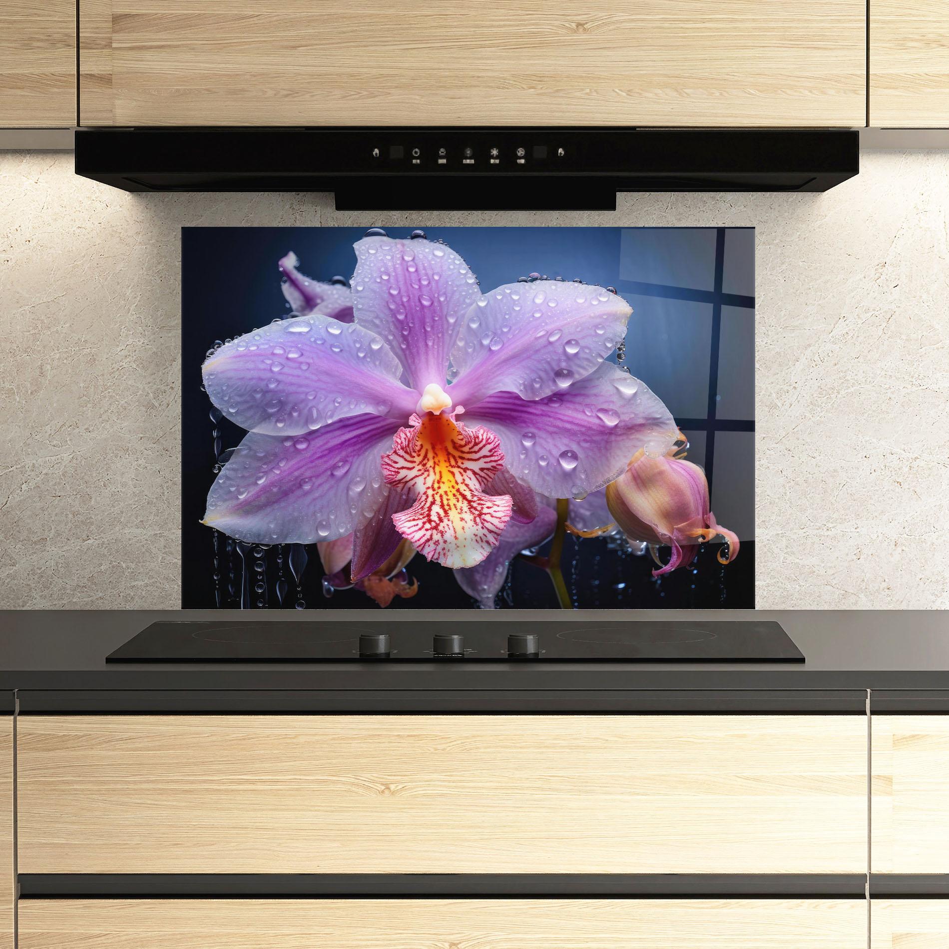 Küchenrückwand Glas Orchid In Rain mockup 3