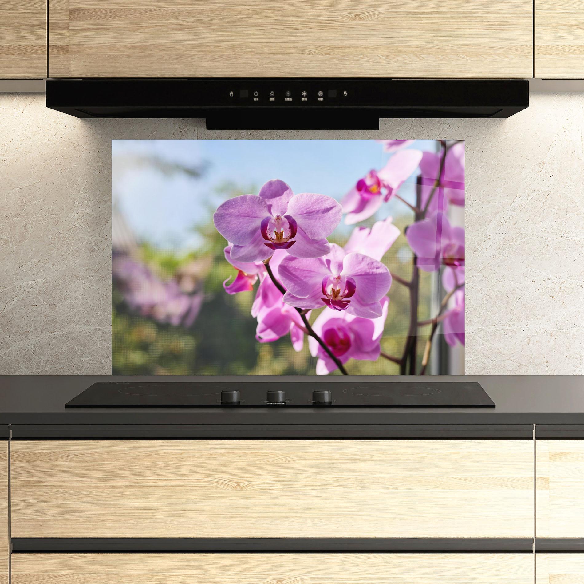 Küchenrückwand Glas Orchids In The Garden mockup 3