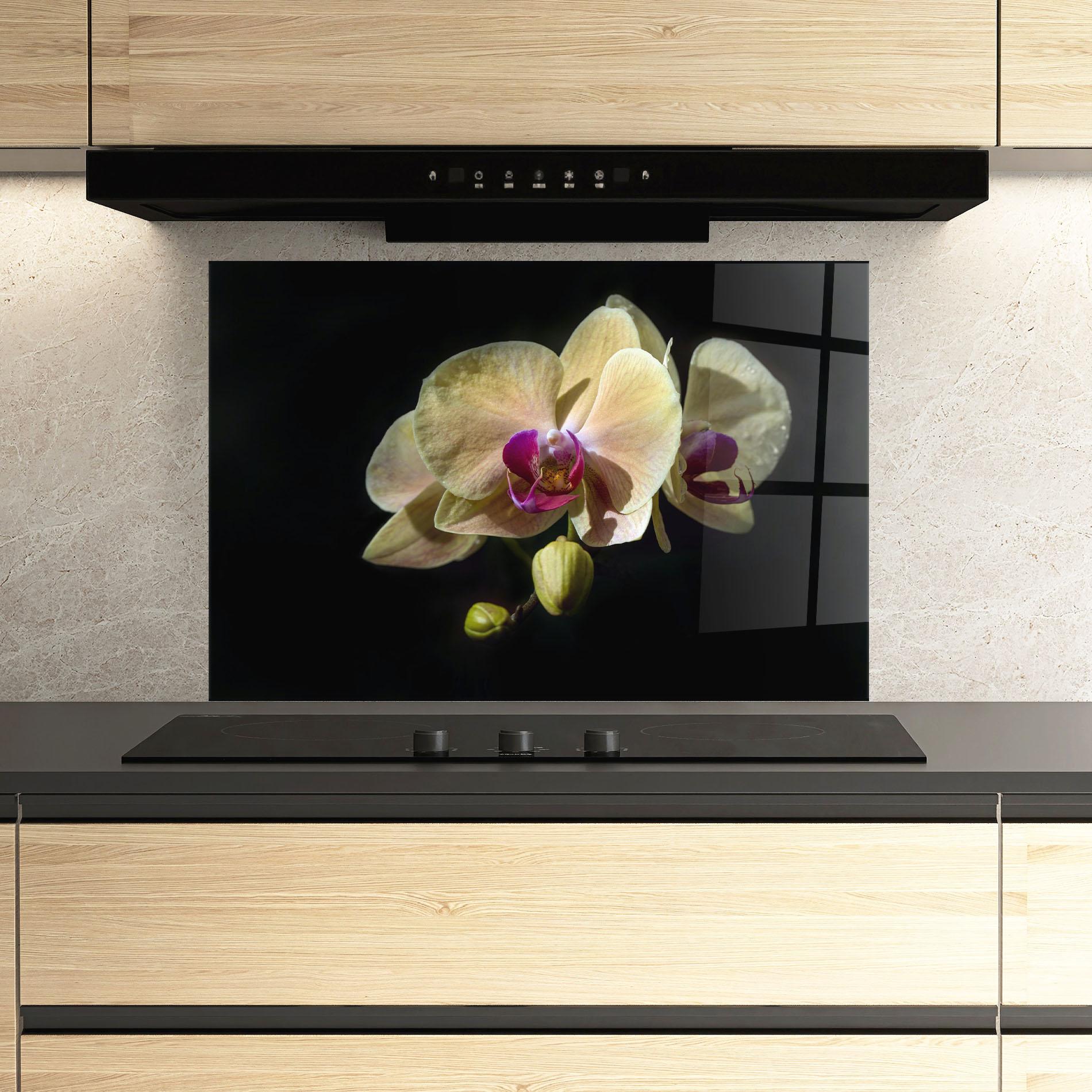 Küchenrückwand Glas Pastel Yellow Orchids mockup 3