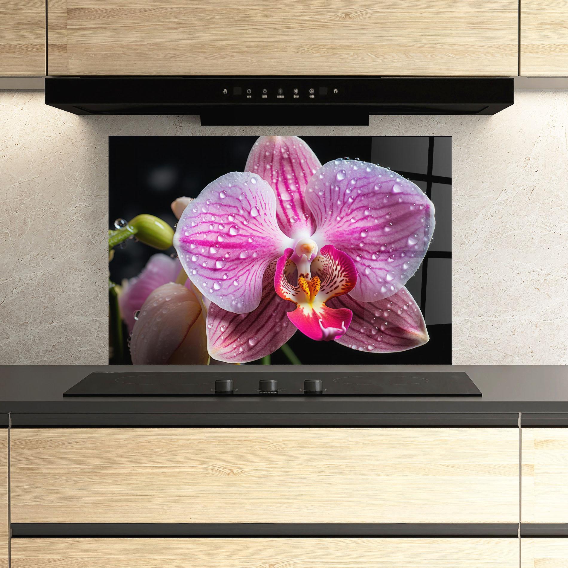 Küchenrückwand Glas Pretty Orchid After Rain mockup 3