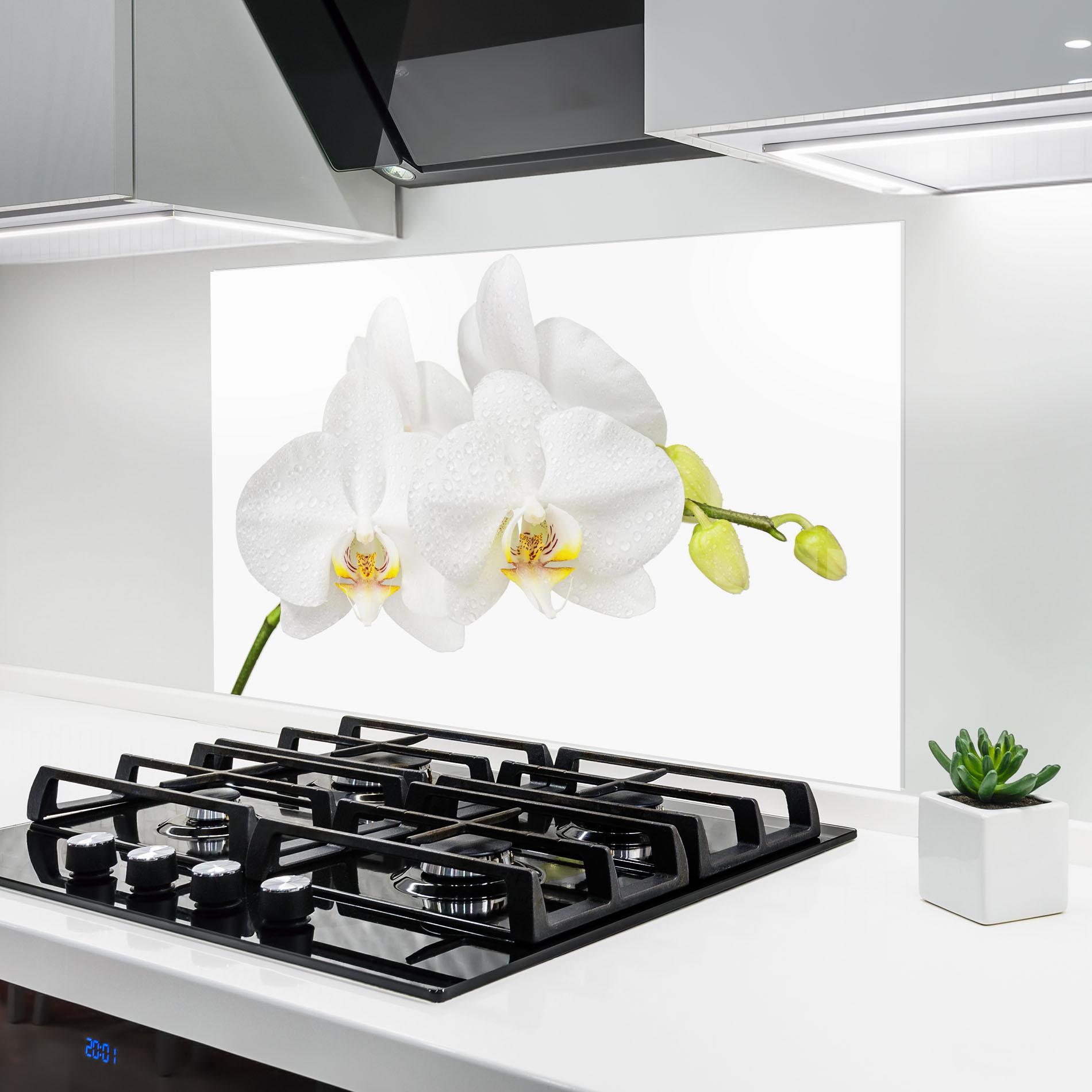 Küchenrückwand Glas Orchids On White mockup 6