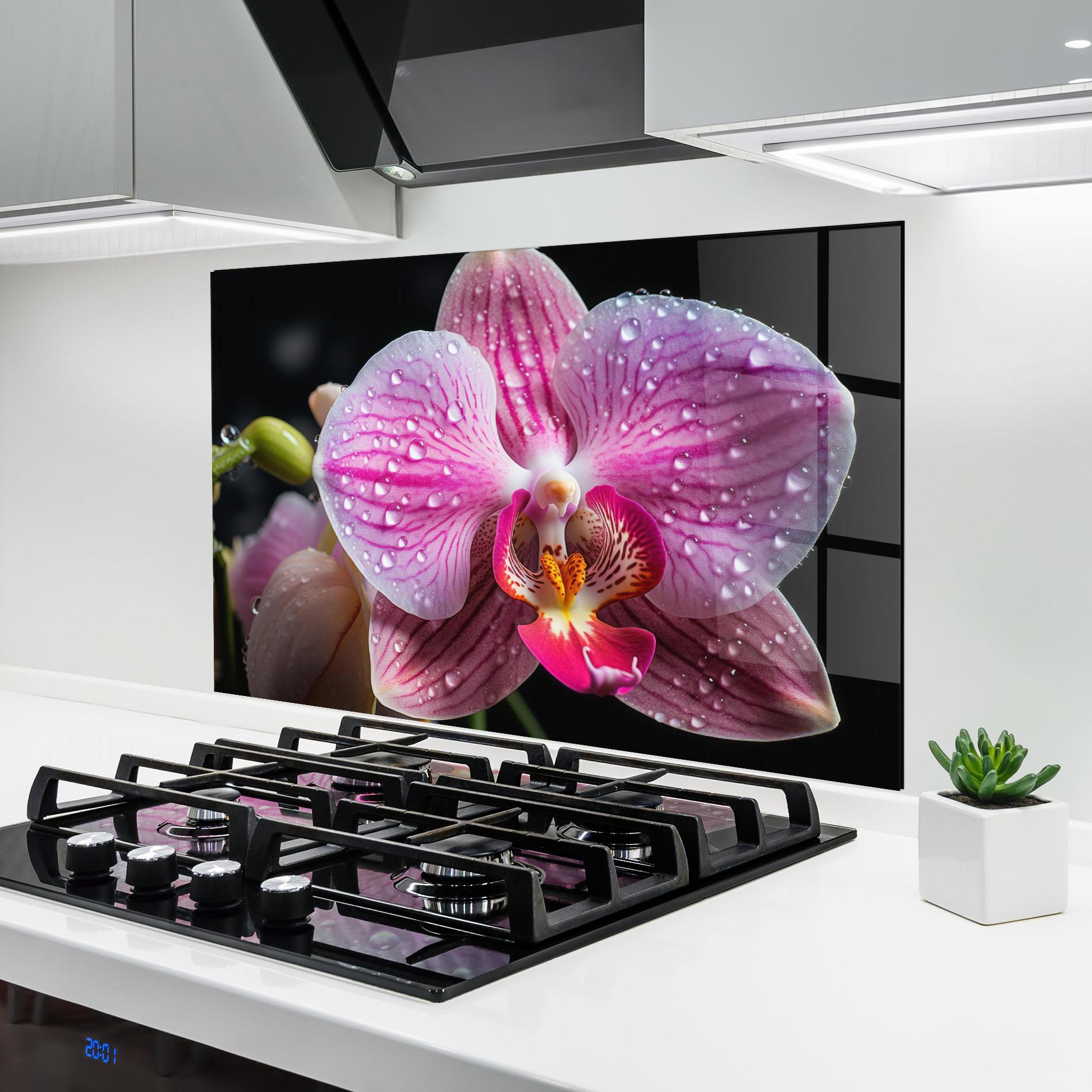 Küchenrückwand Glas Pretty Orchid After Rain mockup 6