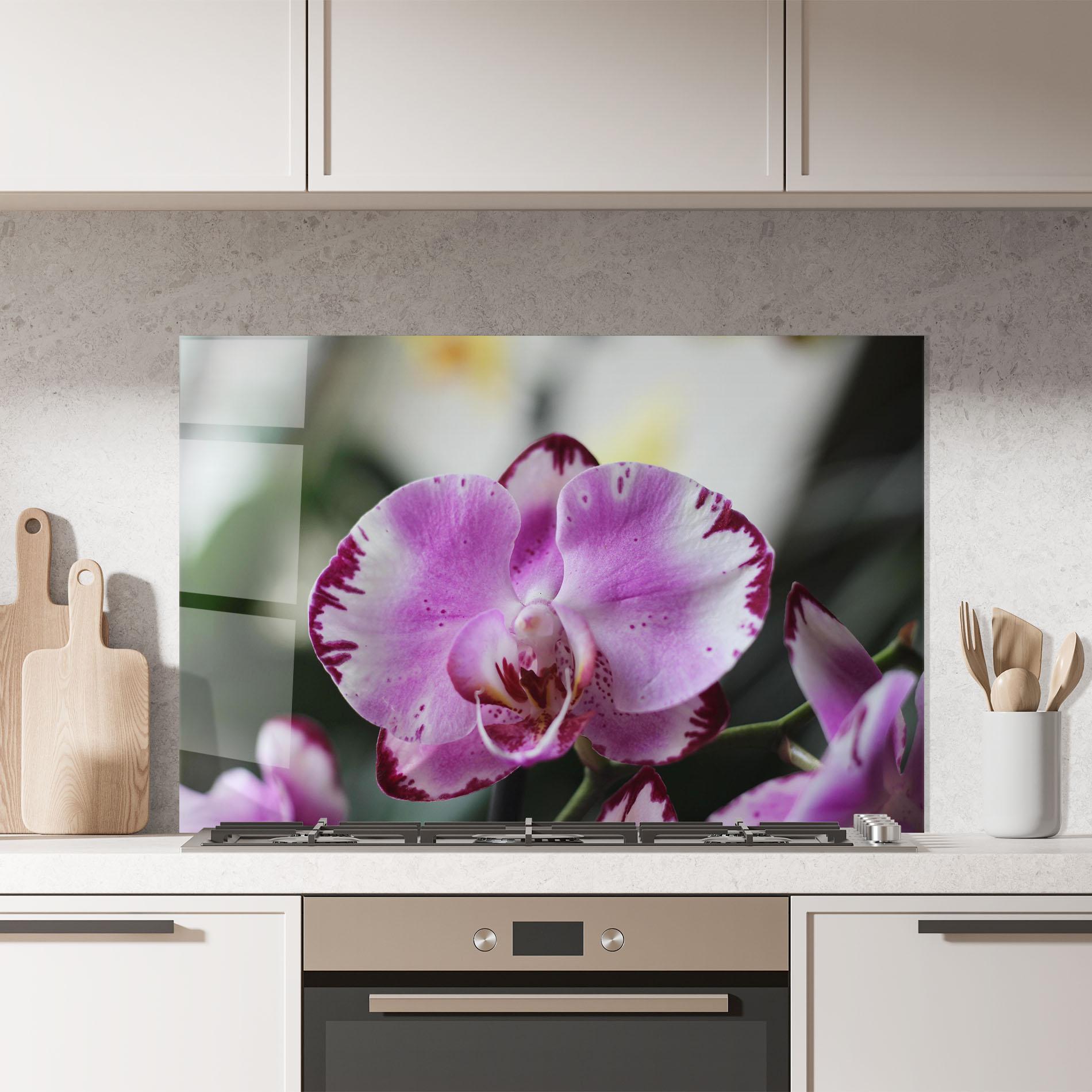 Küchenrückwand Glas Dark Purple Orchids In Nature mockup 7