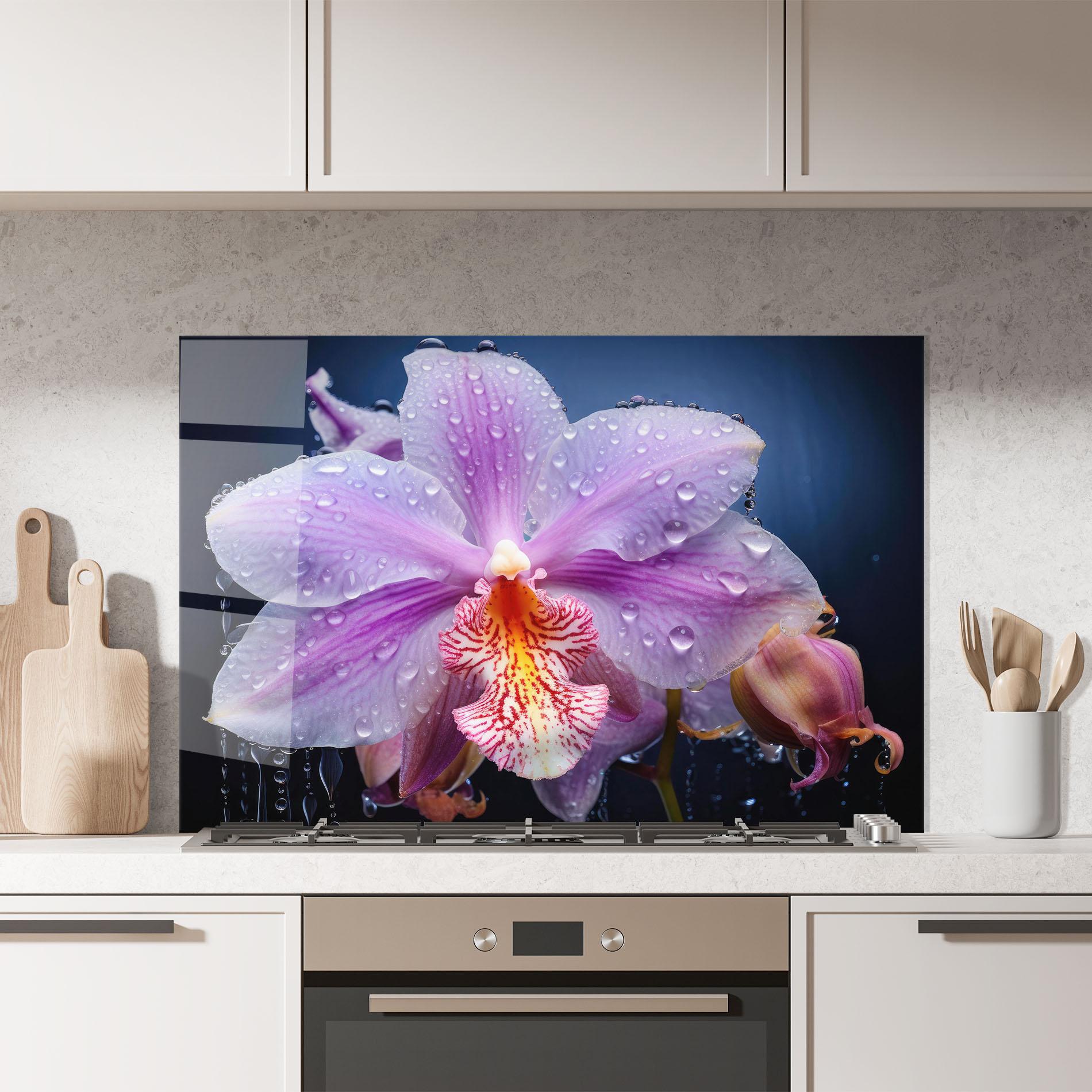 Küchenrückwand Glas Orchid In Rain mockup 7