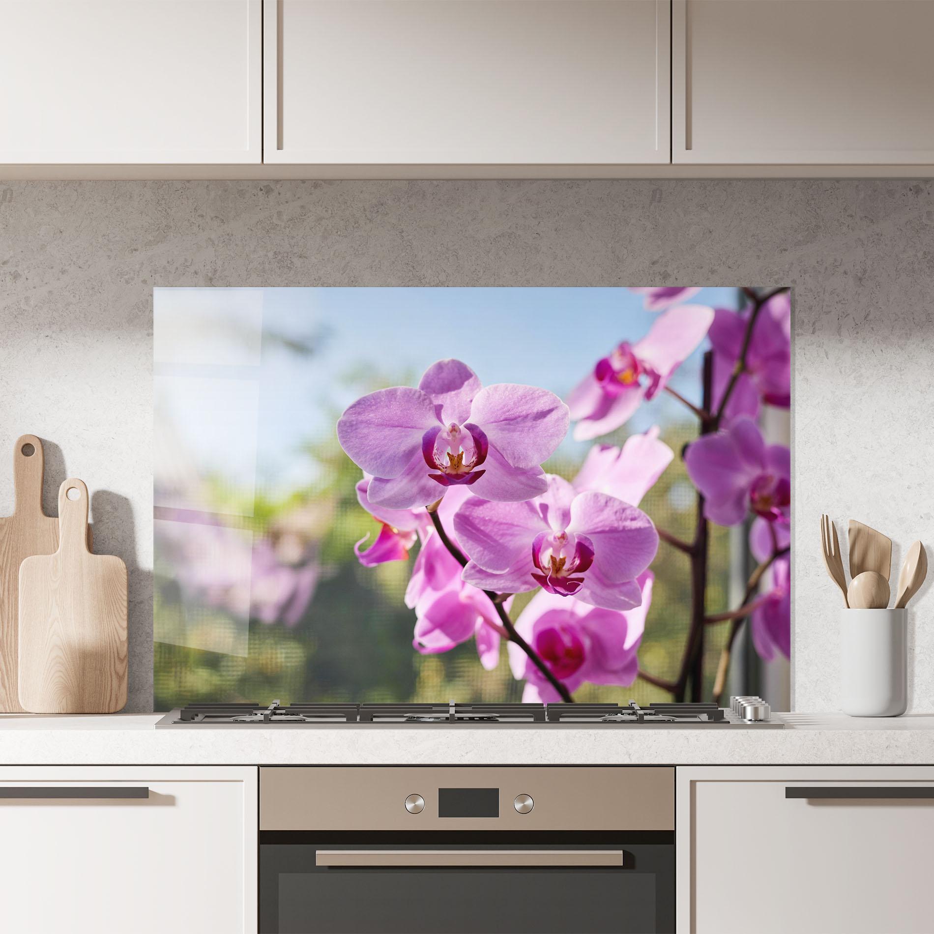 Küchenrückwand Glas Orchids In The Garden mockup 7