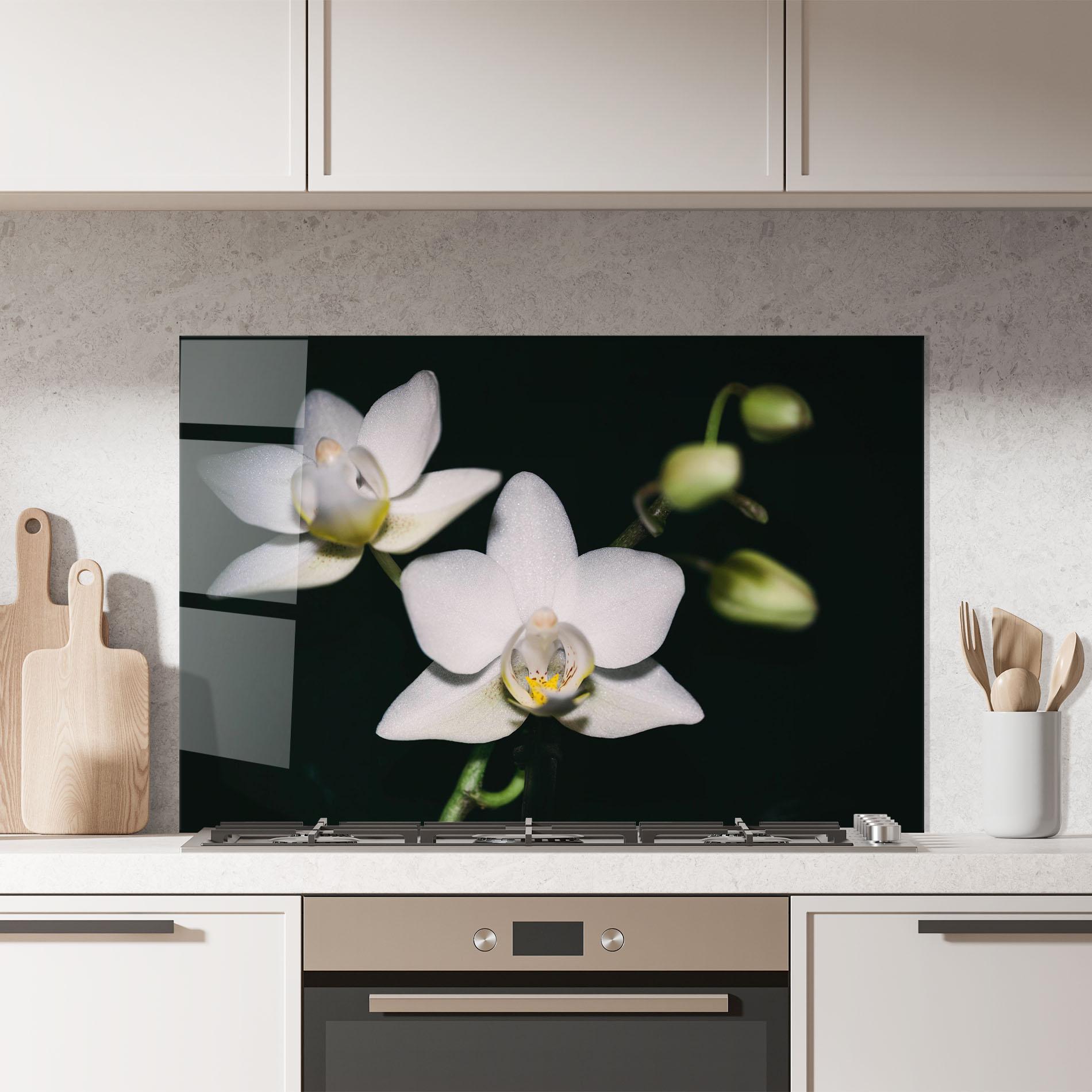 Küchenrückwand Glas Orchids On Black mockup 7