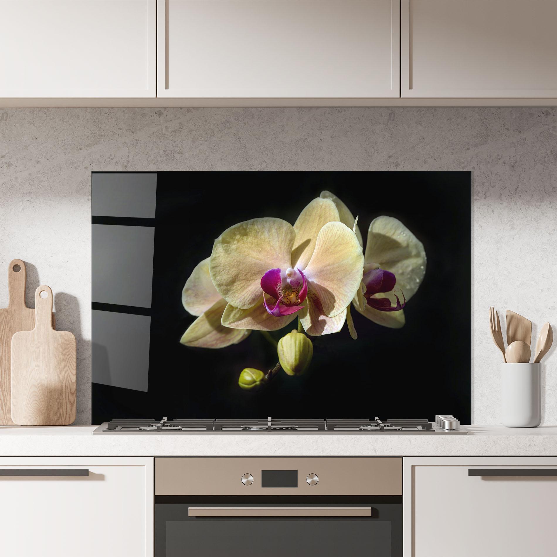 Küchenrückwand Glas Pastel Yellow Orchids mockup 7