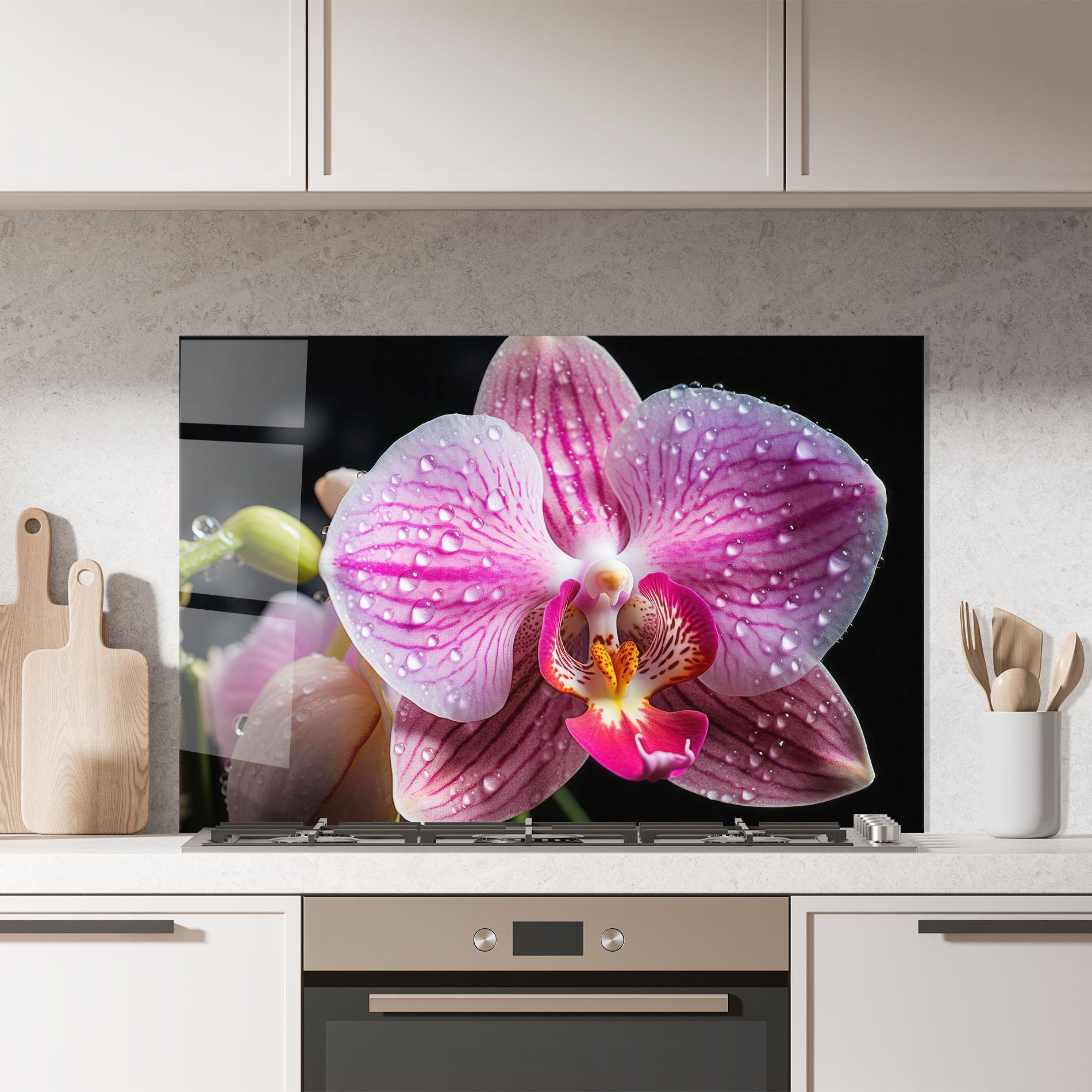 Küchenrückwand Glas Pretty Orchid After Rain mockup 7