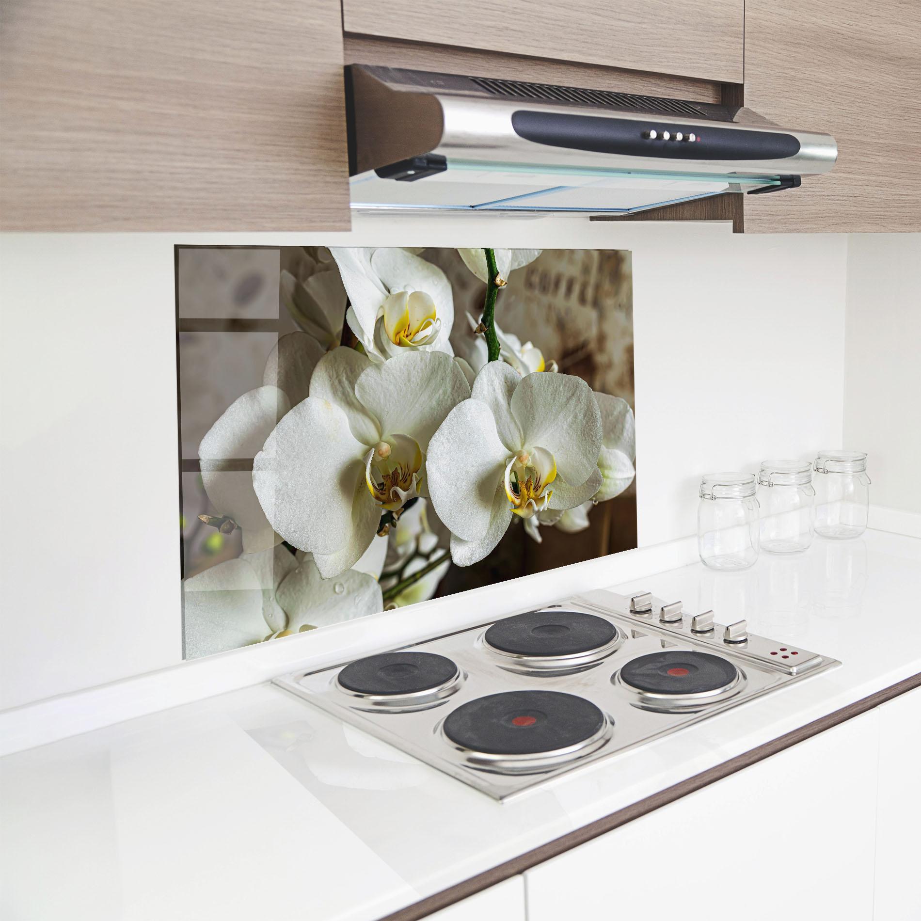 Küchenrückwand Glas Beautiful White Orchids mockup 8