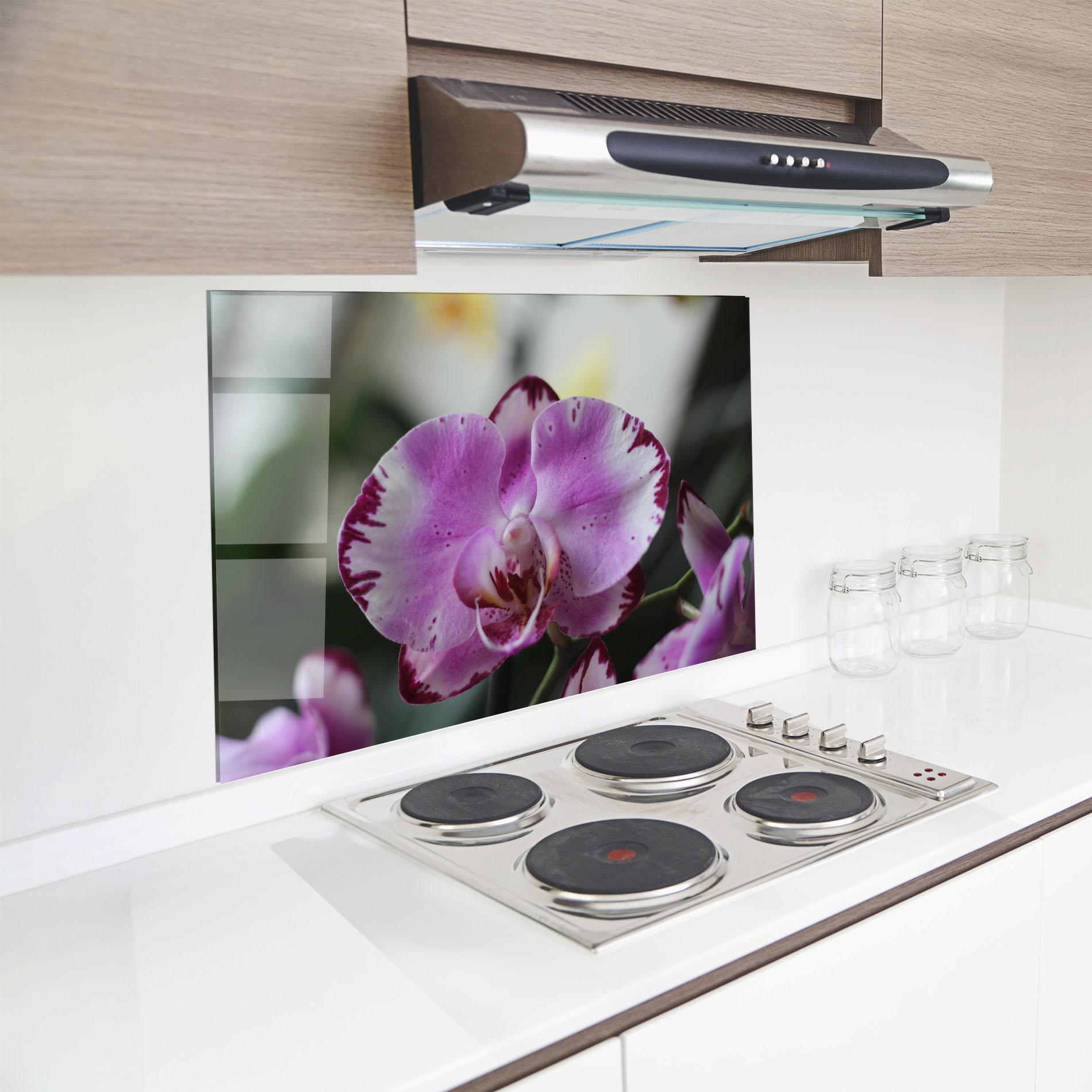 Küchenrückwand Glas Dark Purple Orchids In Nature mockup 8