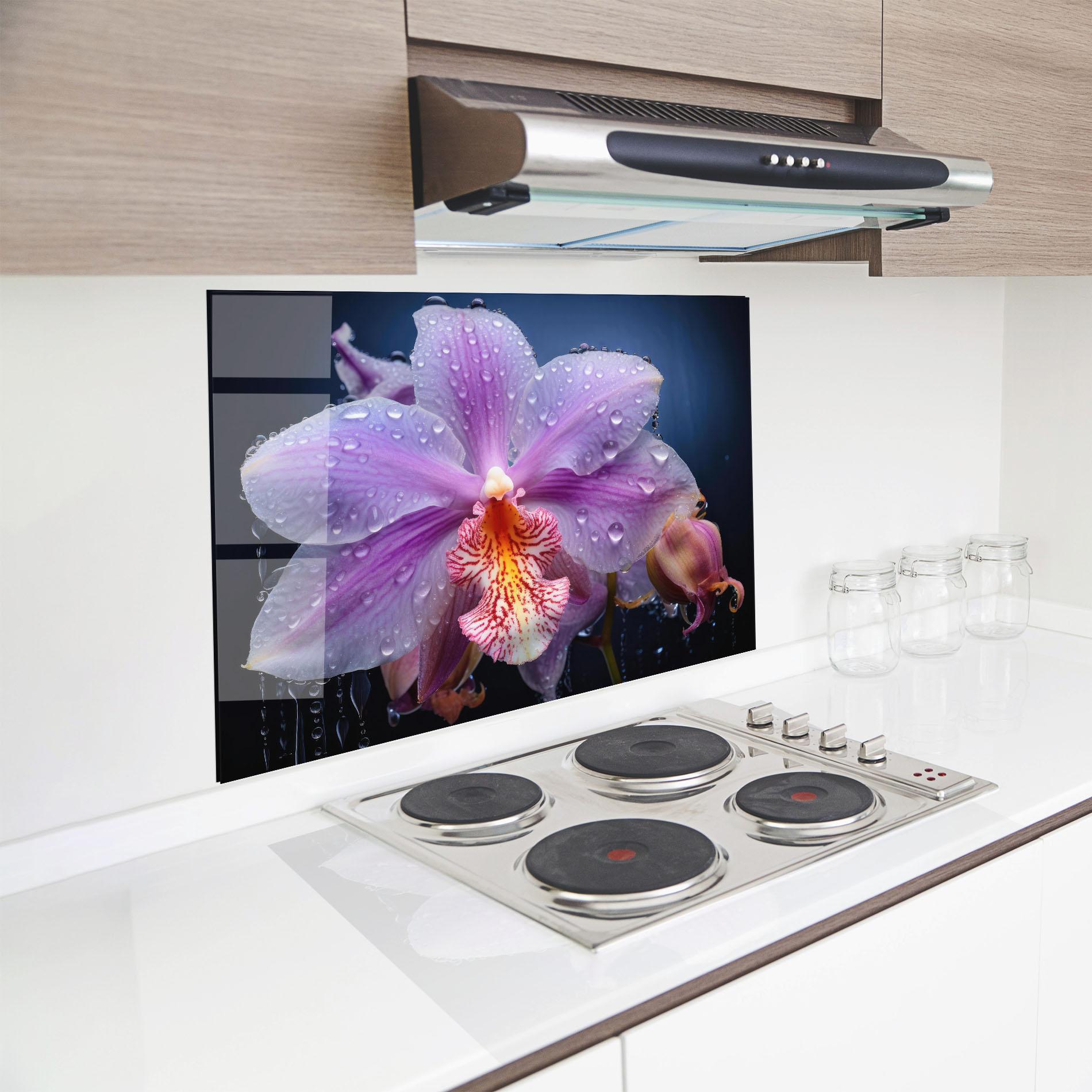 Küchenrückwand Glas Orchid In Rain mockup 8