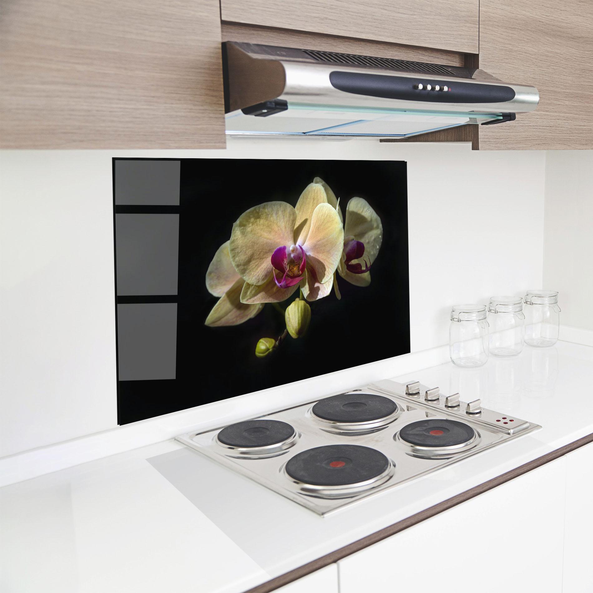 Küchenrückwand Glas Pastel Yellow Orchids mockup 8