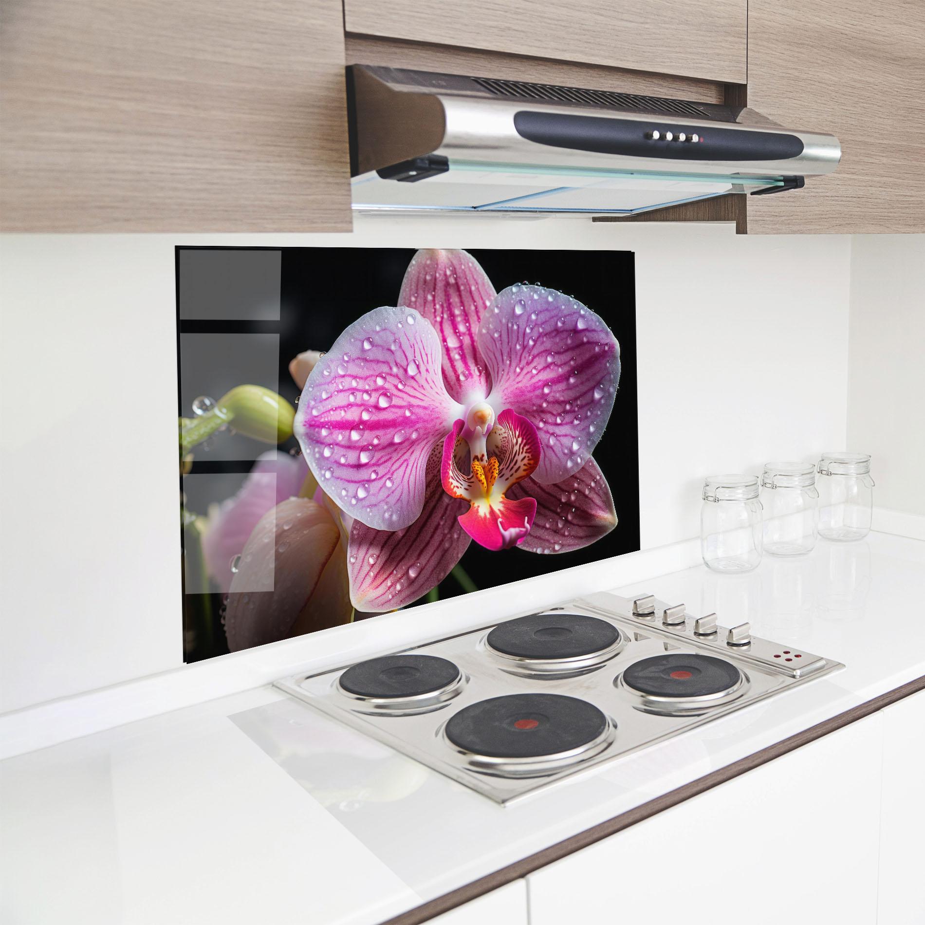 Küchenrückwand Glas Pretty Orchid After Rain mockup 8