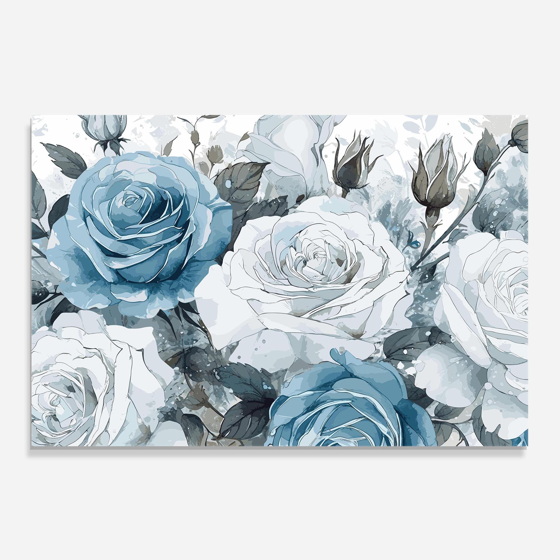 Küchenrückwand Glas Blue White Rose mockup 0