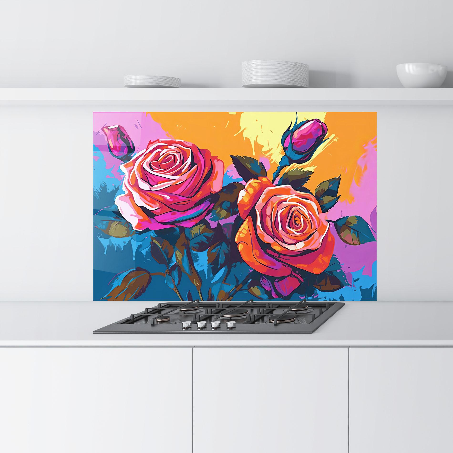 Küchenrückwand Glas Blue Orange Rose mockup 9