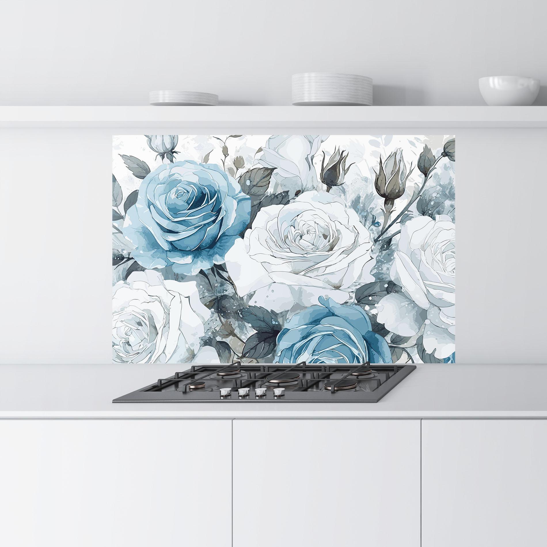 Küchenrückwand Glas Blue White Rose mockup 9