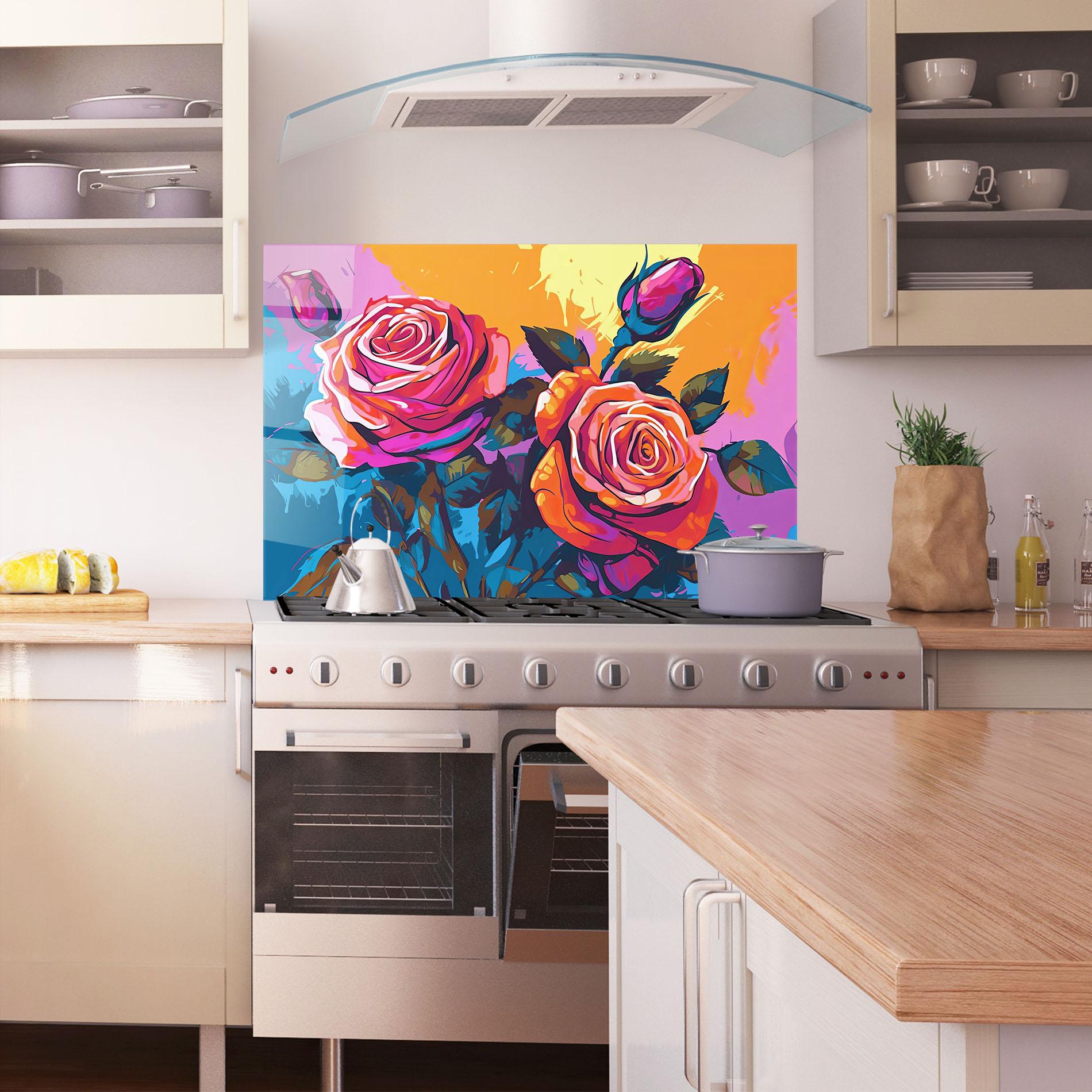 Küchenrückwand Glas Blue Orange Rose mockup 1