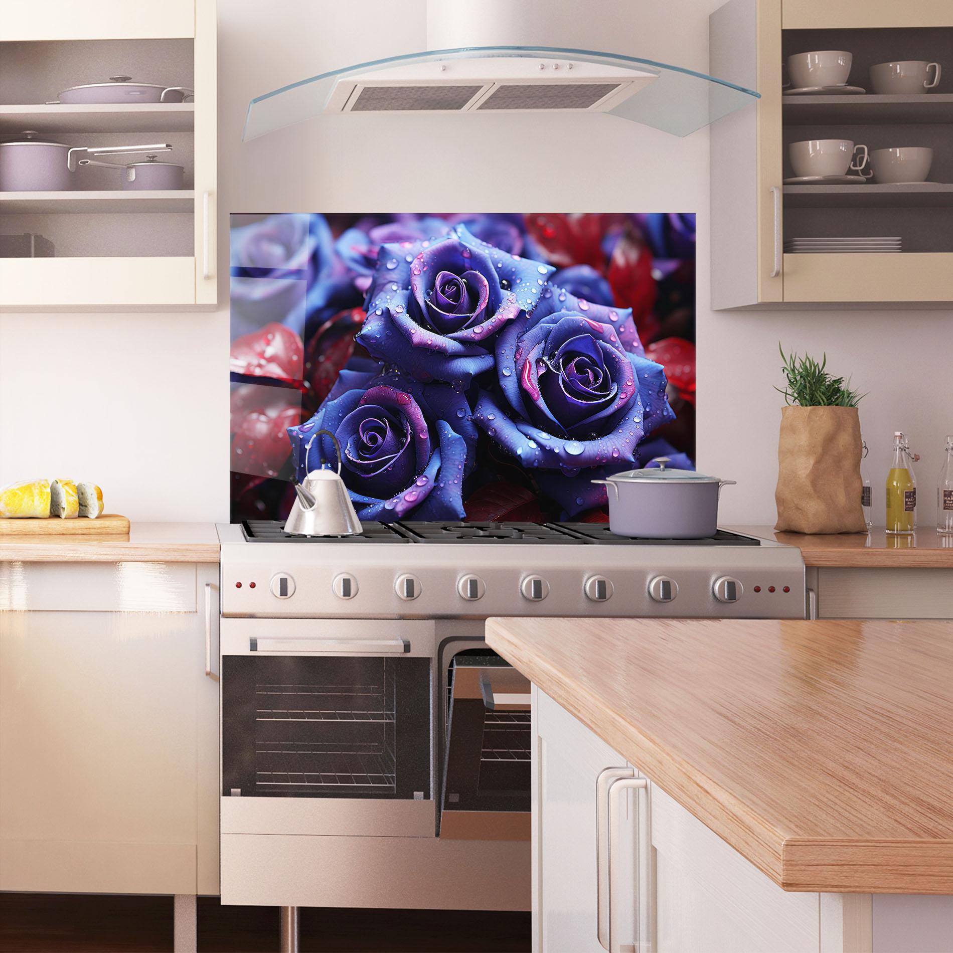 Küchenrückwand Glas Blue Purple Rose mockup 1