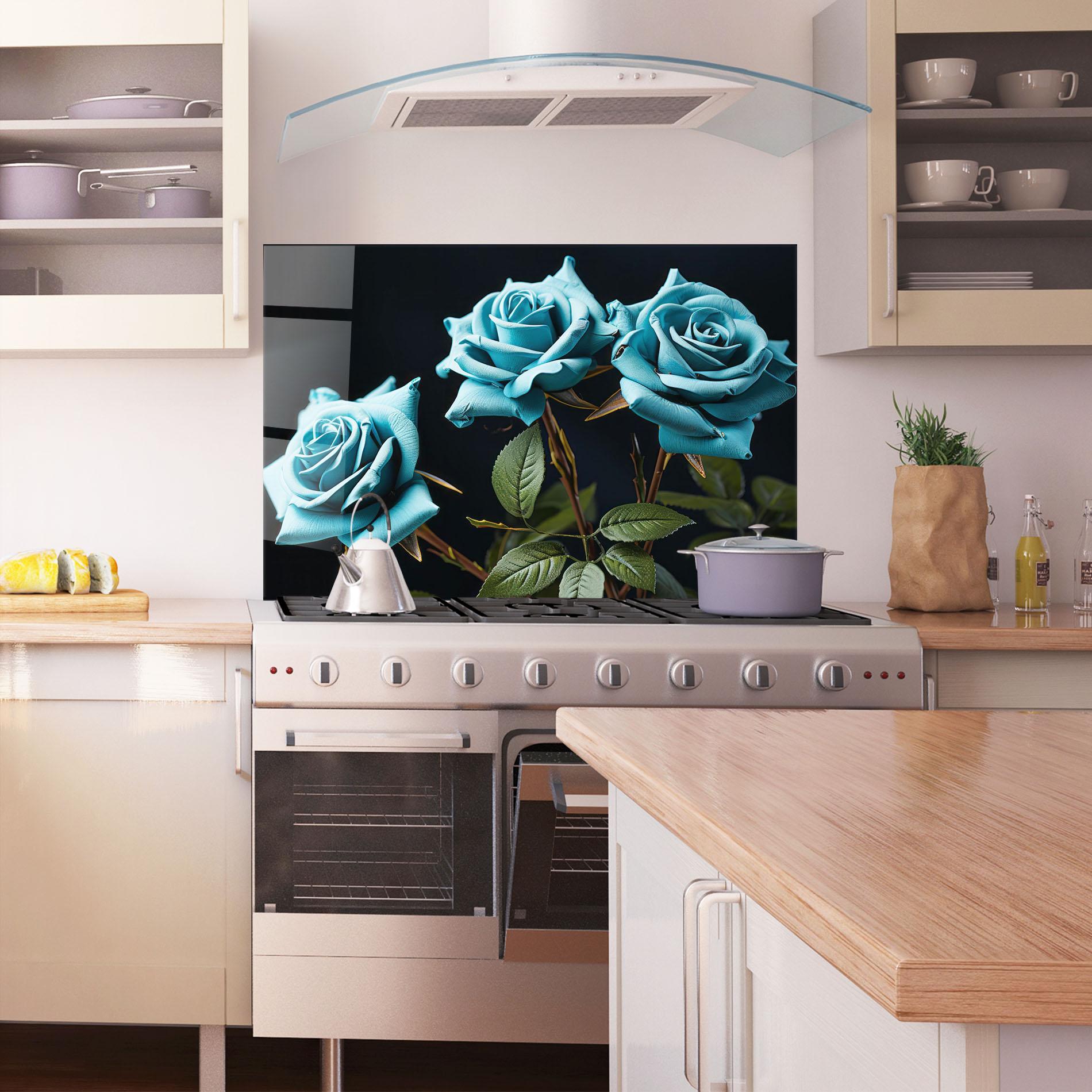 Küchenrückwand Glas Blue Roses mockup 1