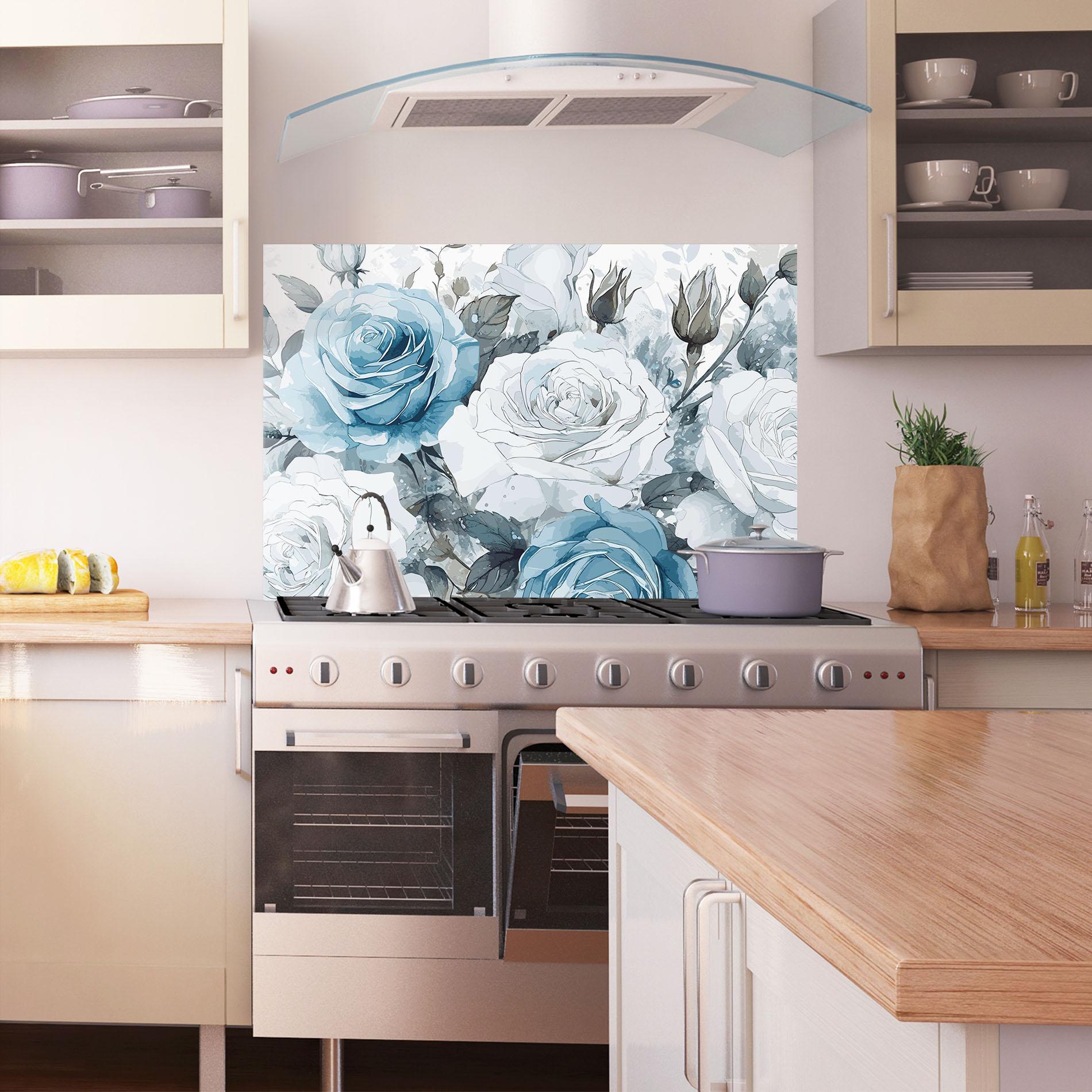 Küchenrückwand Glas Blue White Rose mockup 1