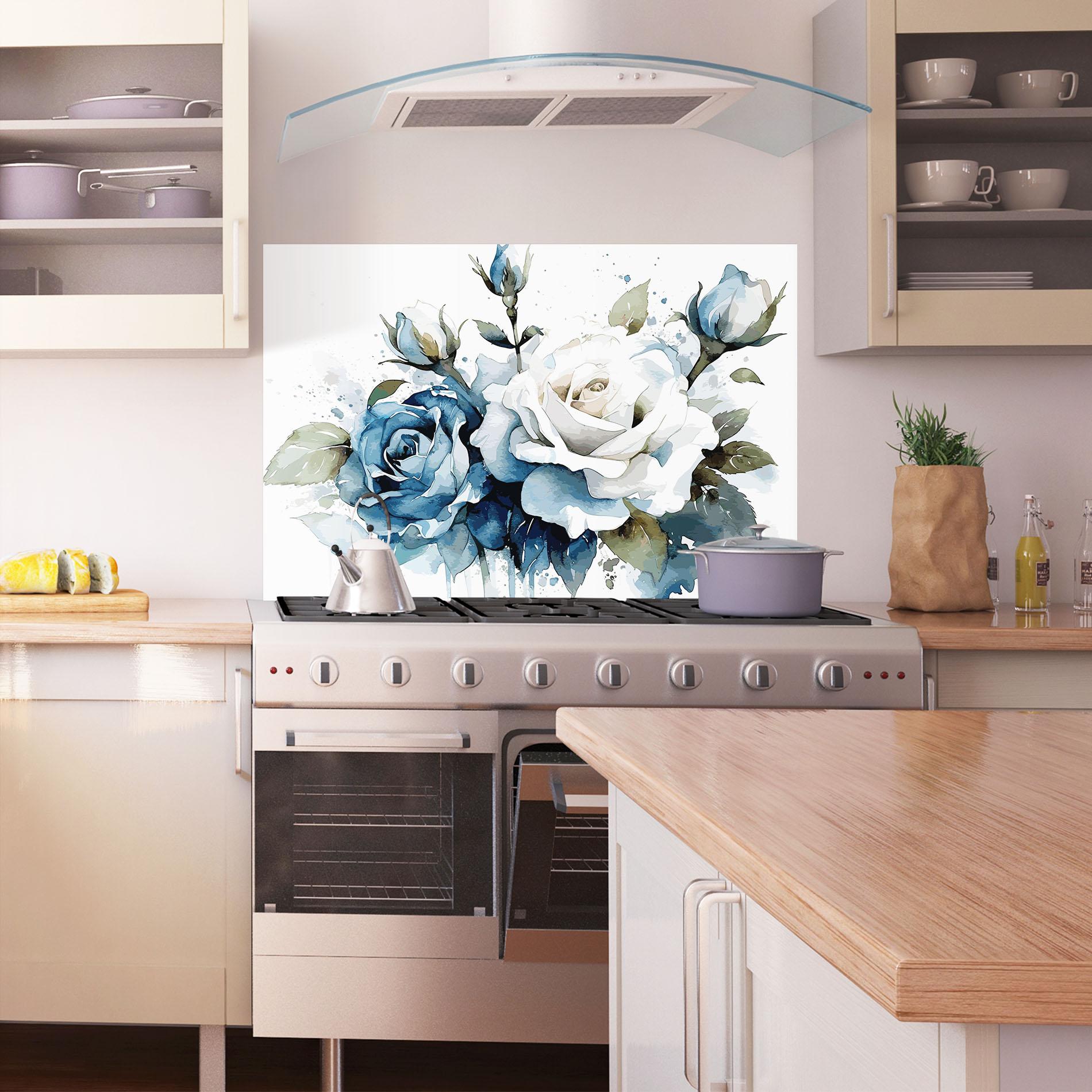 Küchenrückwand Glas Blue White Roses mockup 1