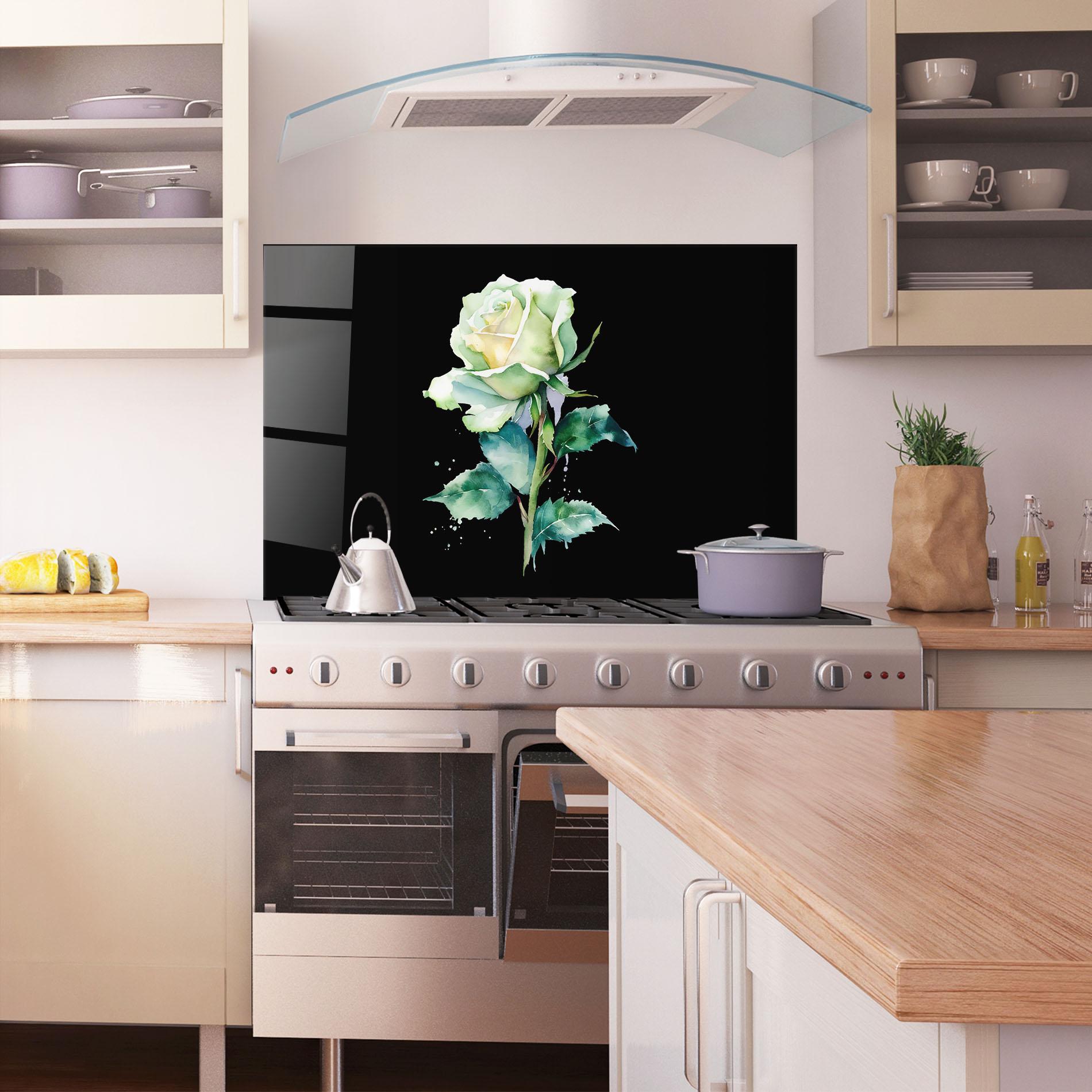 Küchenrückwand Glas White Green Rose mockup 1