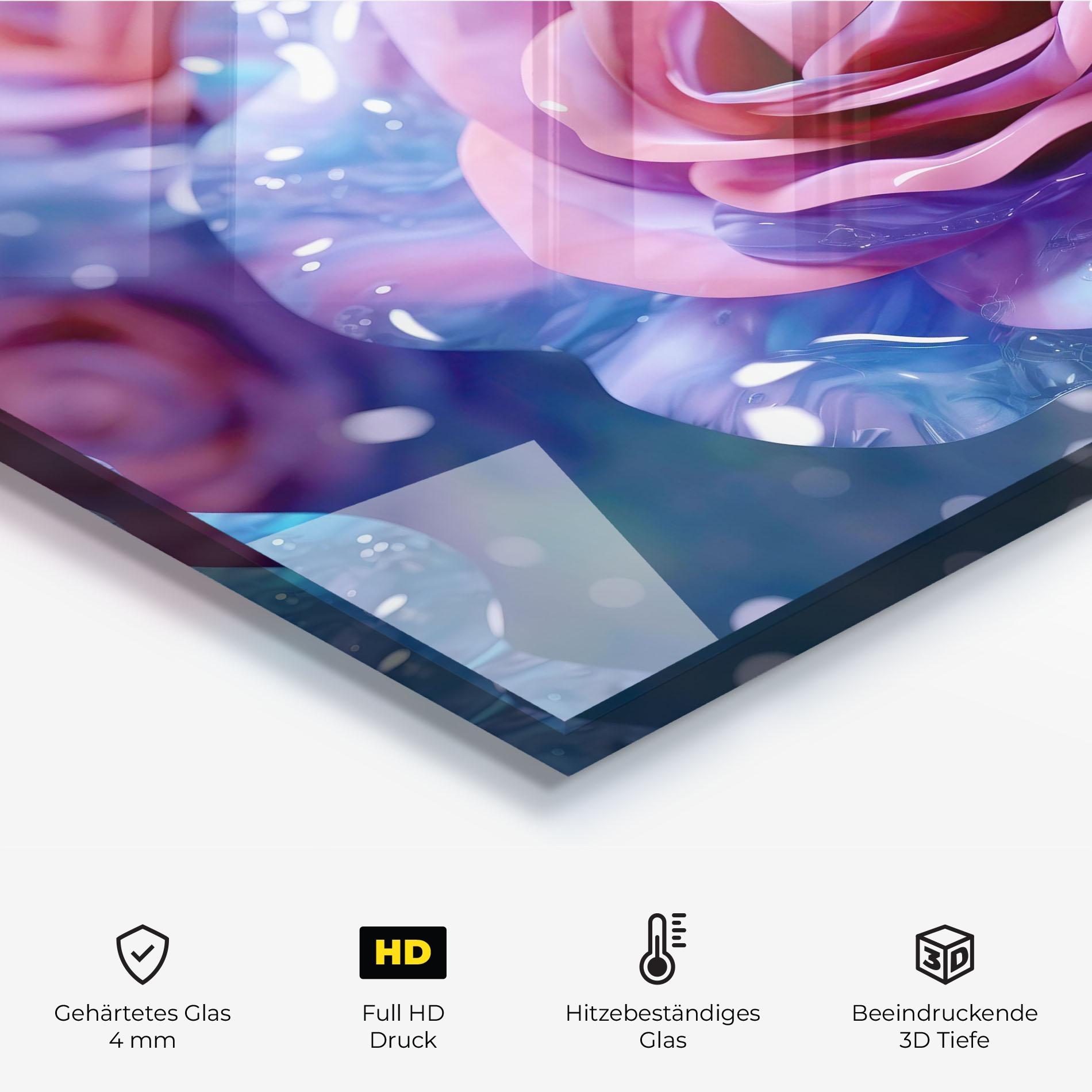 Küchenrückwand Glas Beautiful Blue Pink Rose mockup 2