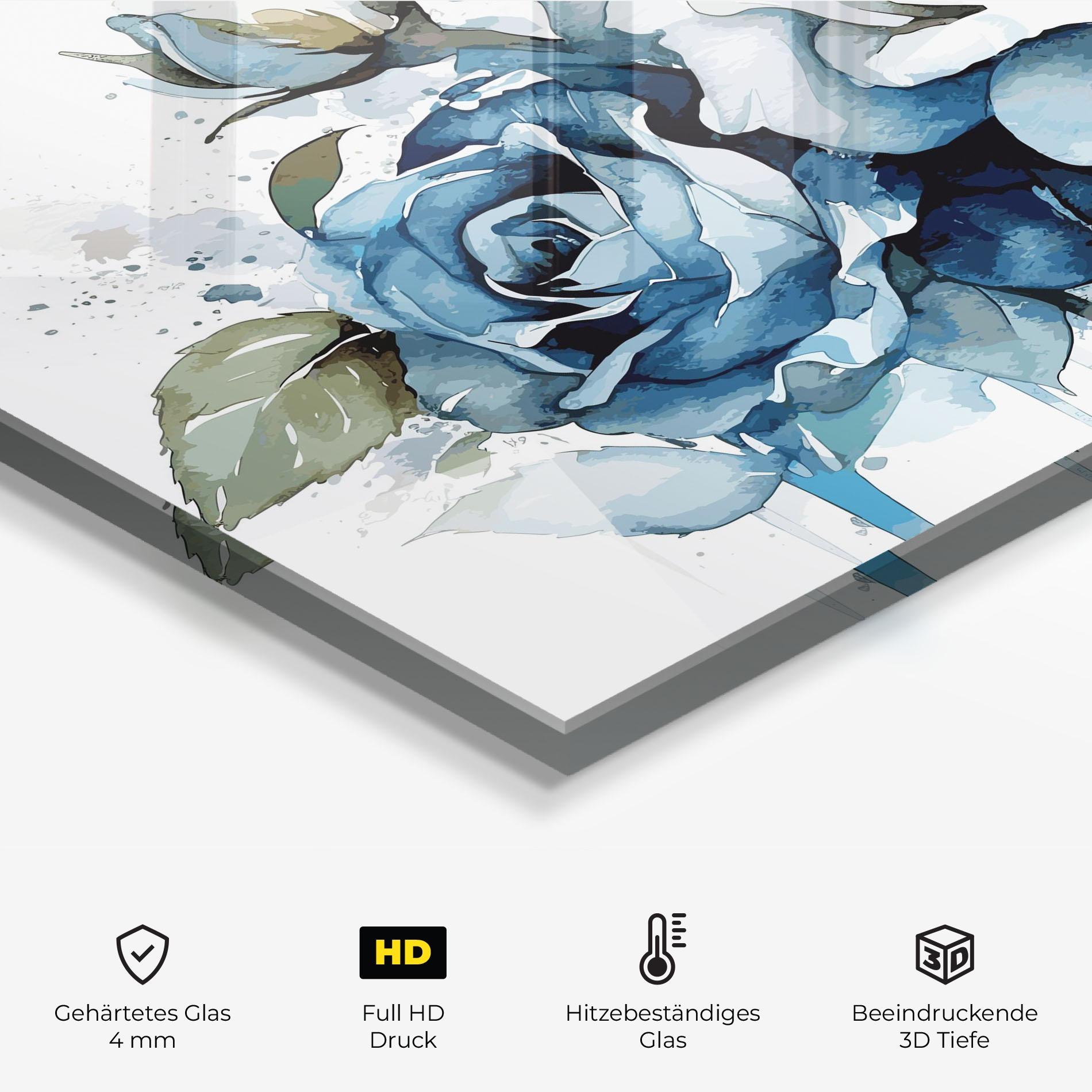Küchenrückwand Glas Blue White Roses mockup 2