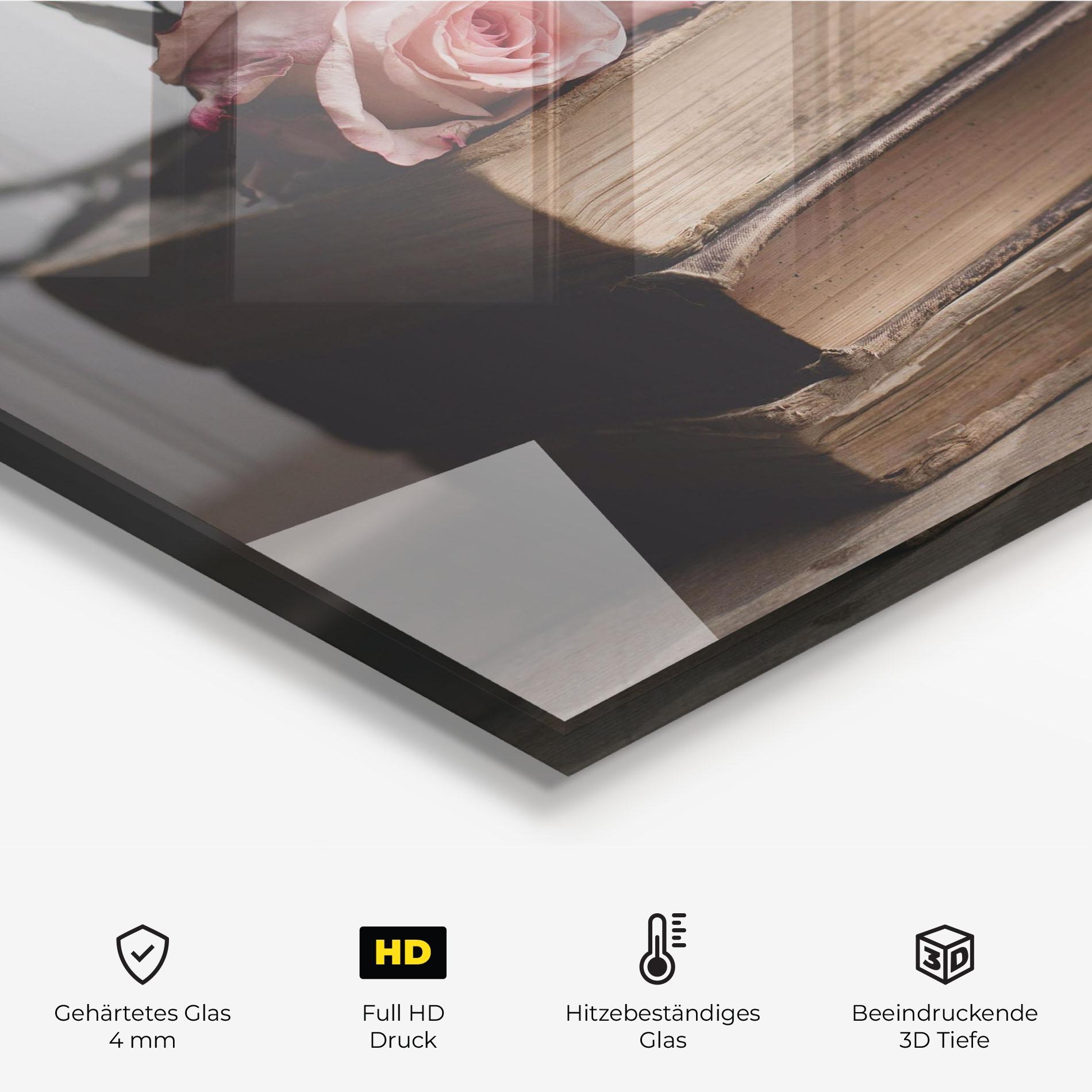Küchenrückwand Glas Books With Roses mockup 2