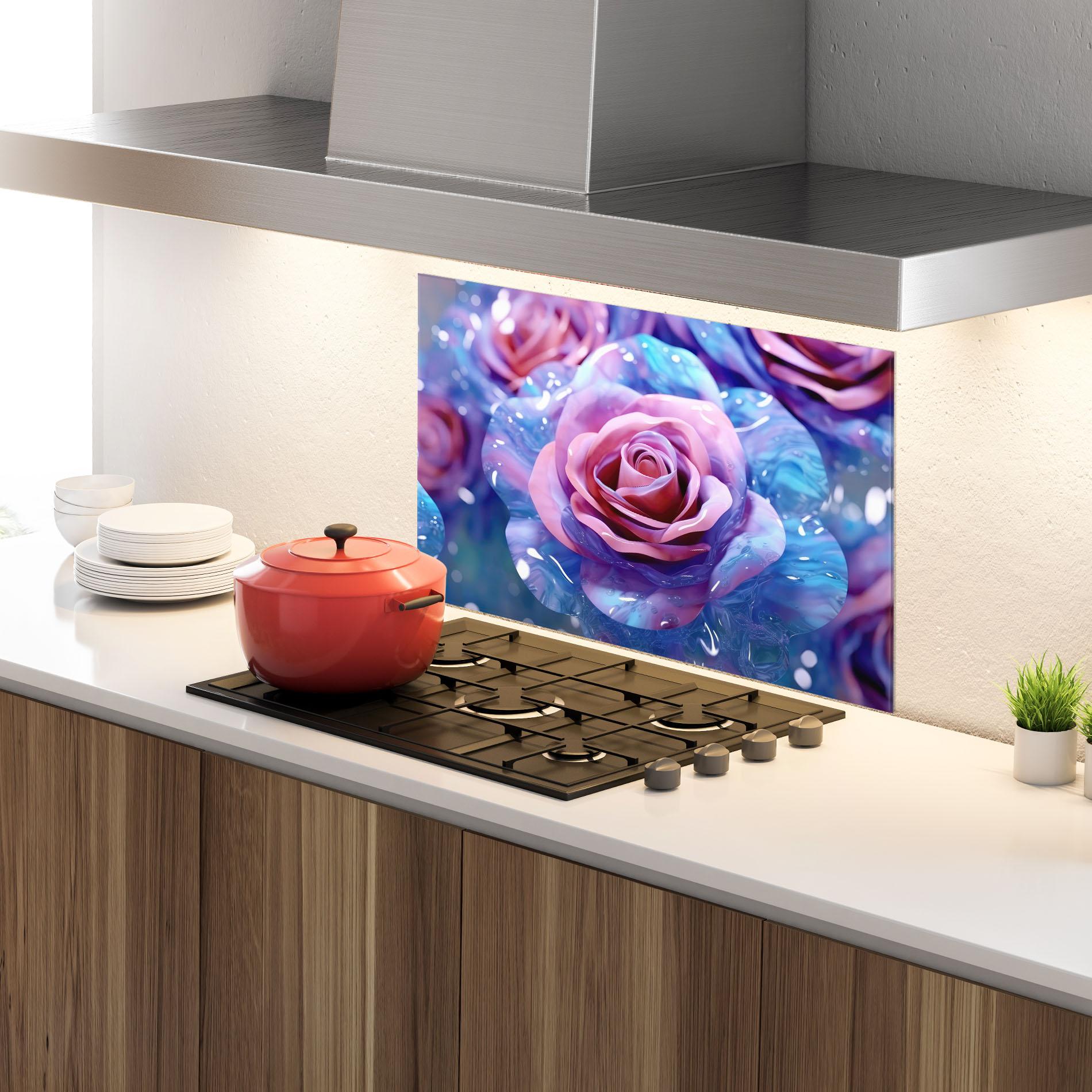Küchenrückwand Glas Beautiful Blue Pink Rose mockup 4