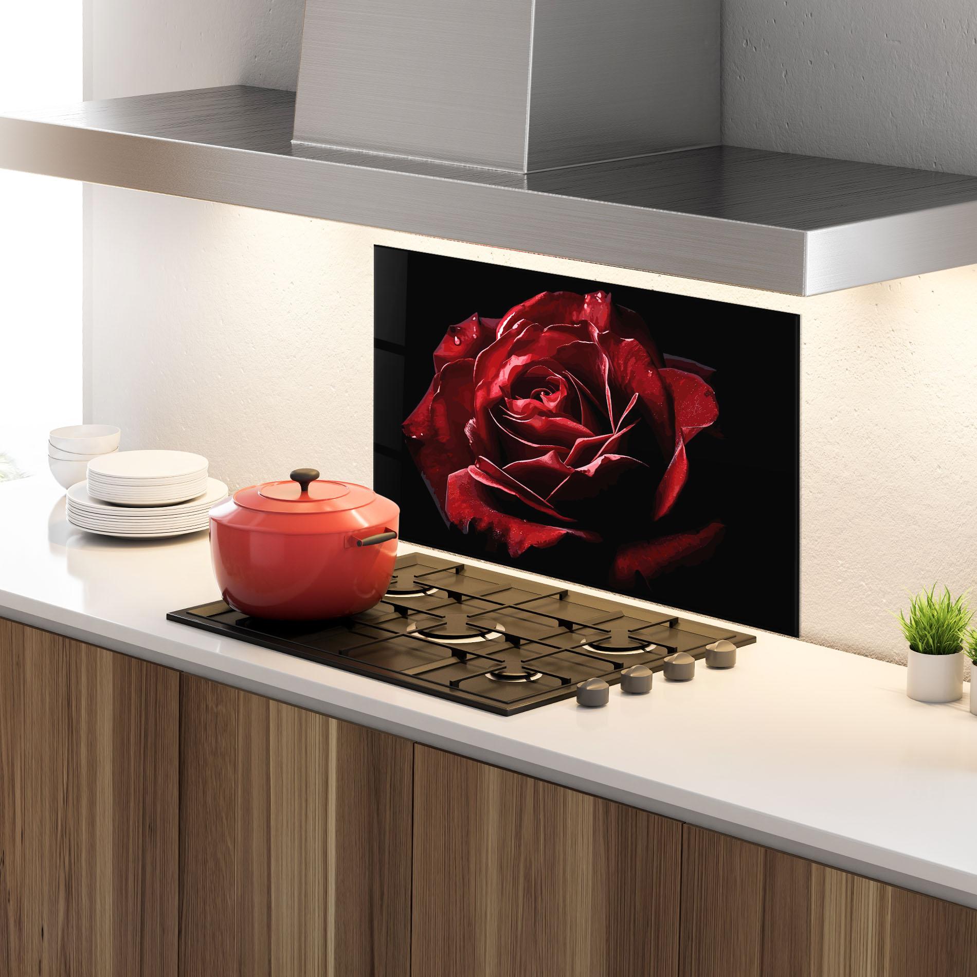 Küchenrückwand Glas Big Red Rose mockup 4