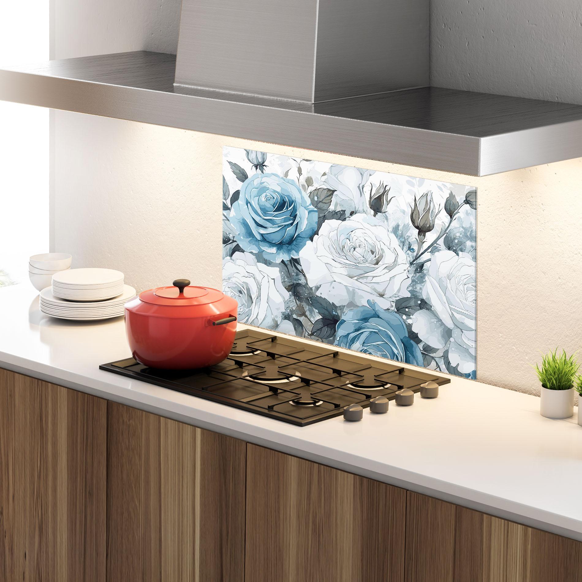Küchenrückwand Glas Blue White Rose mockup 4