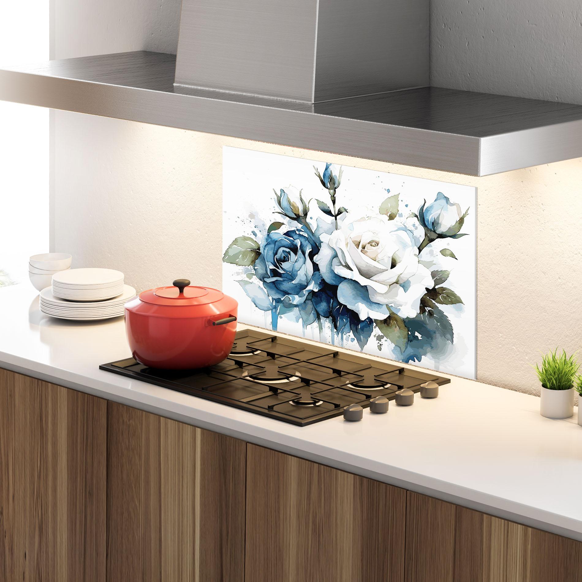 Küchenrückwand Glas Blue White Roses mockup 4