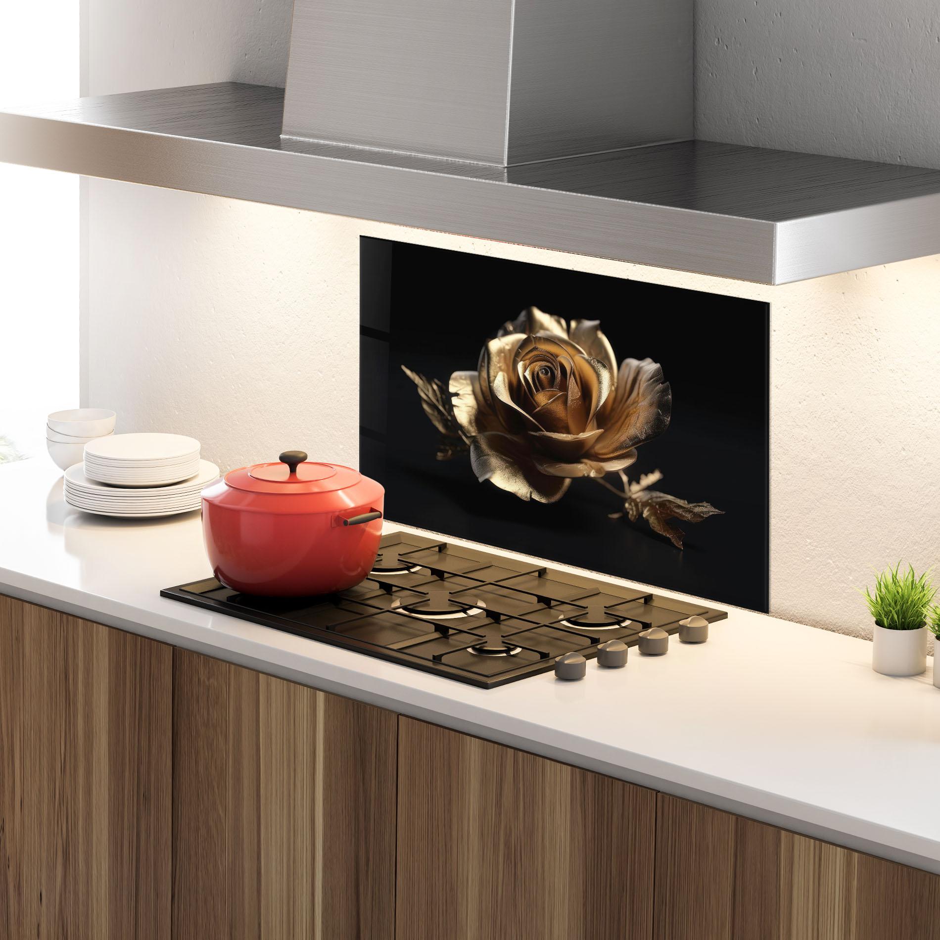 Küchenrückwand Glas Gold Rose mockup 4