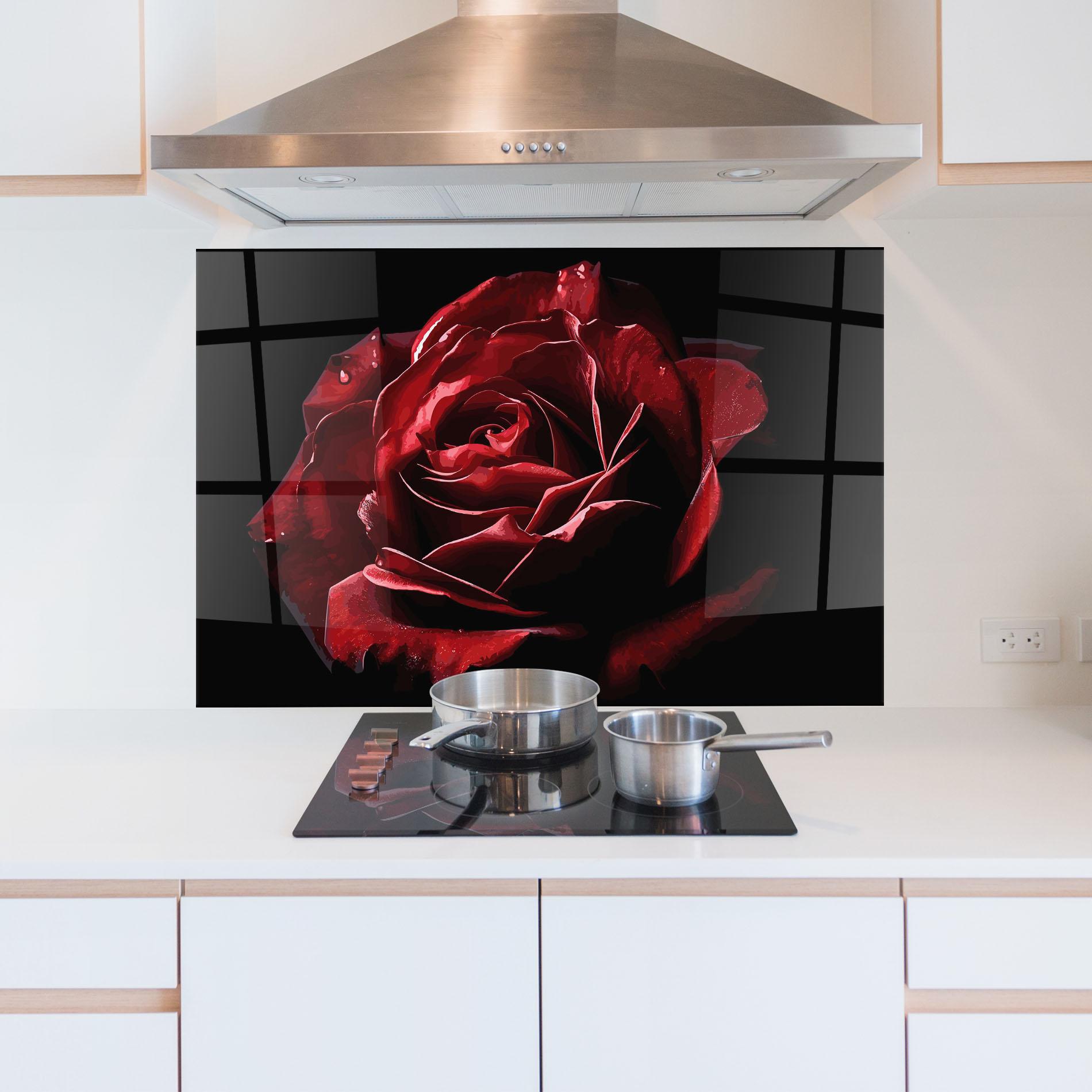 Küchenrückwand Glas Big Red Rose mockup 5