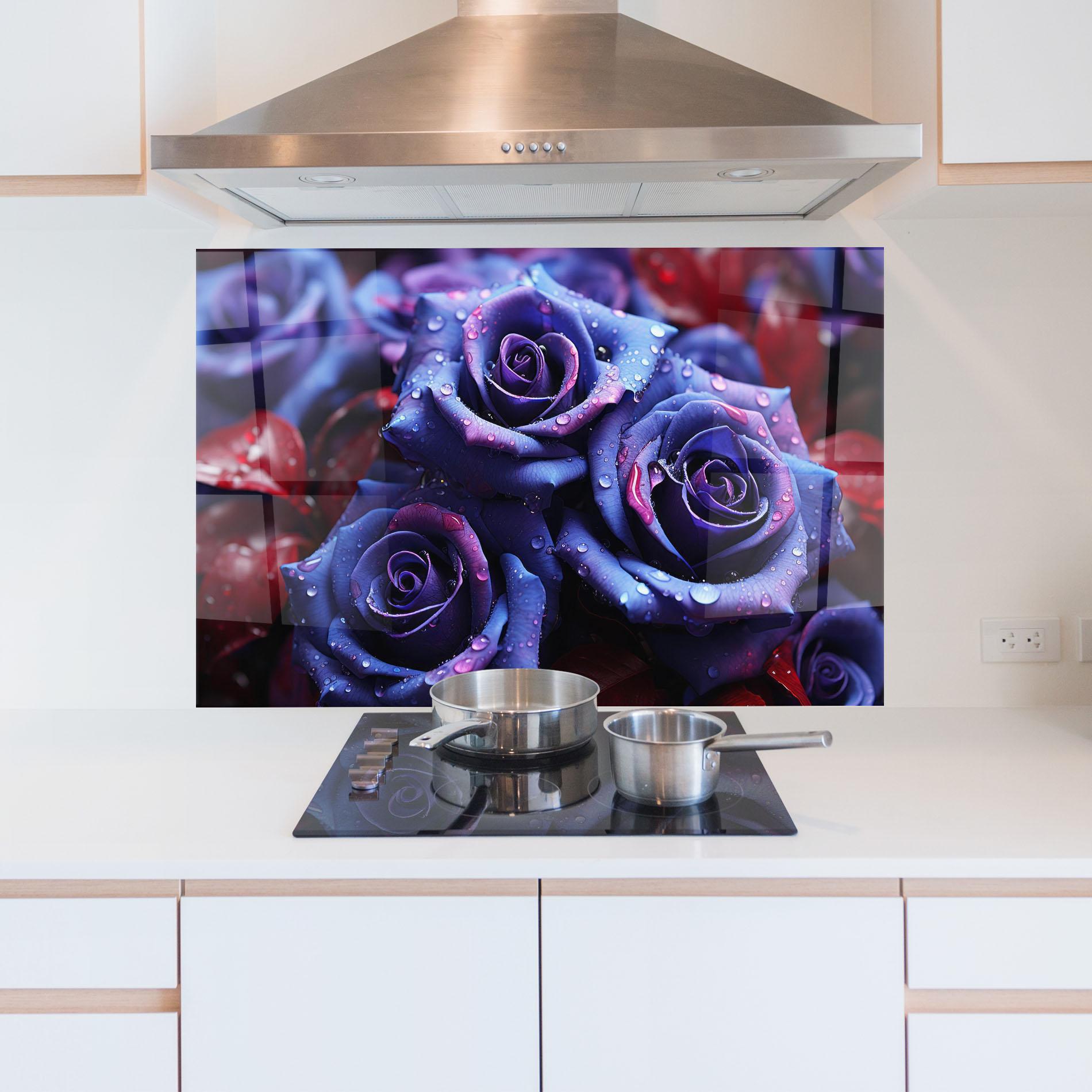 Küchenrückwand Glas Blue Purple Rose mockup 5