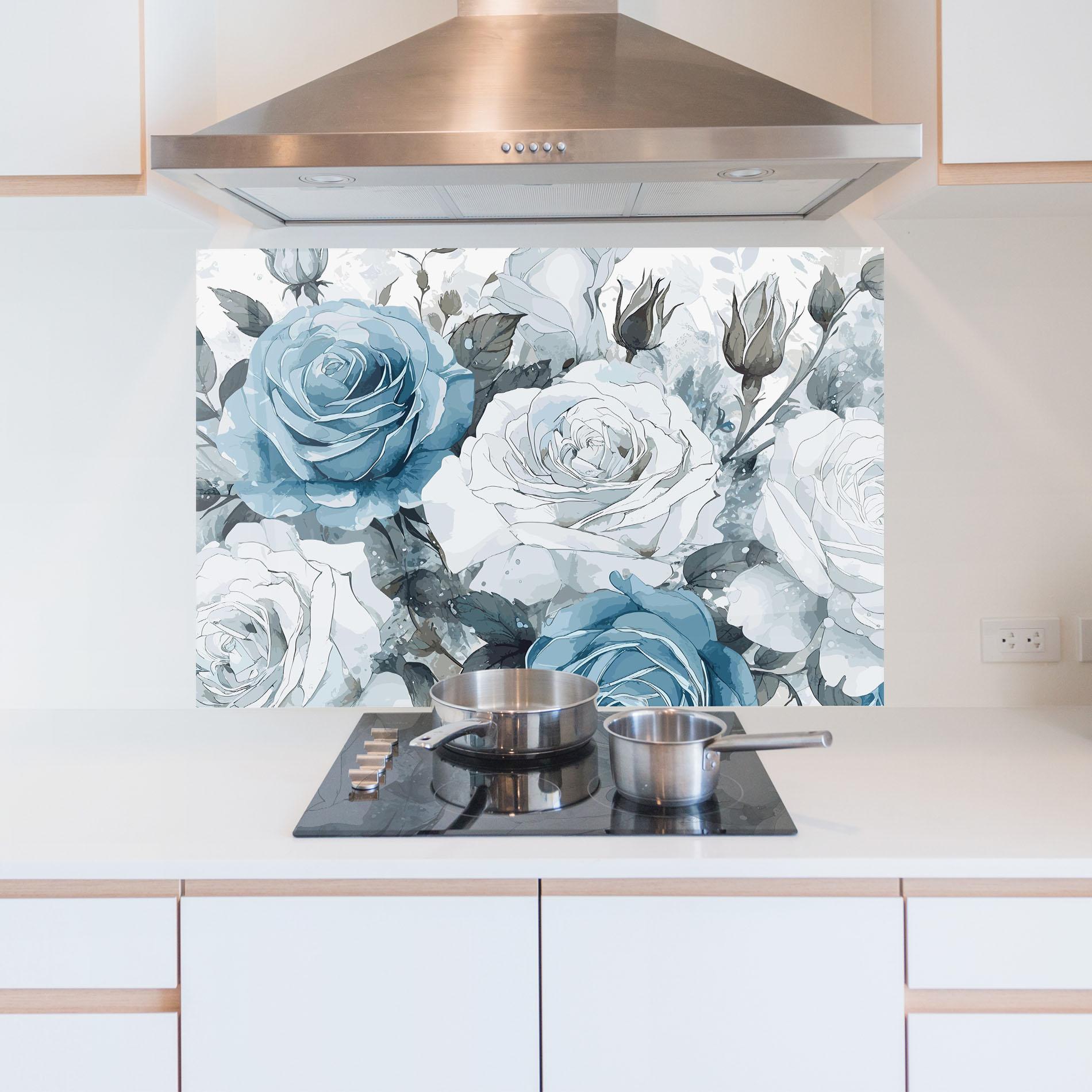 Küchenrückwand Glas Blue White Rose mockup 5