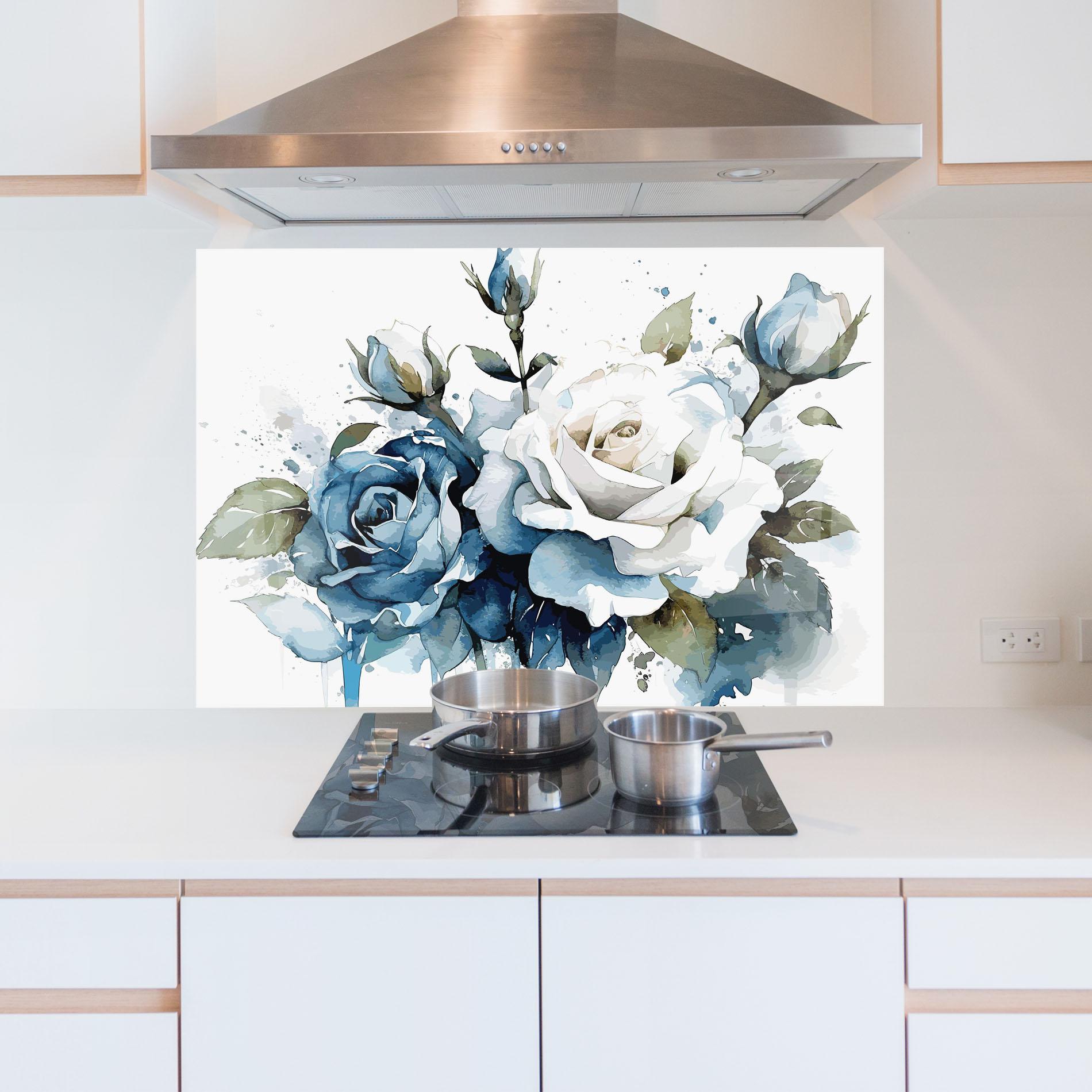 Küchenrückwand Glas Blue White Roses mockup 5