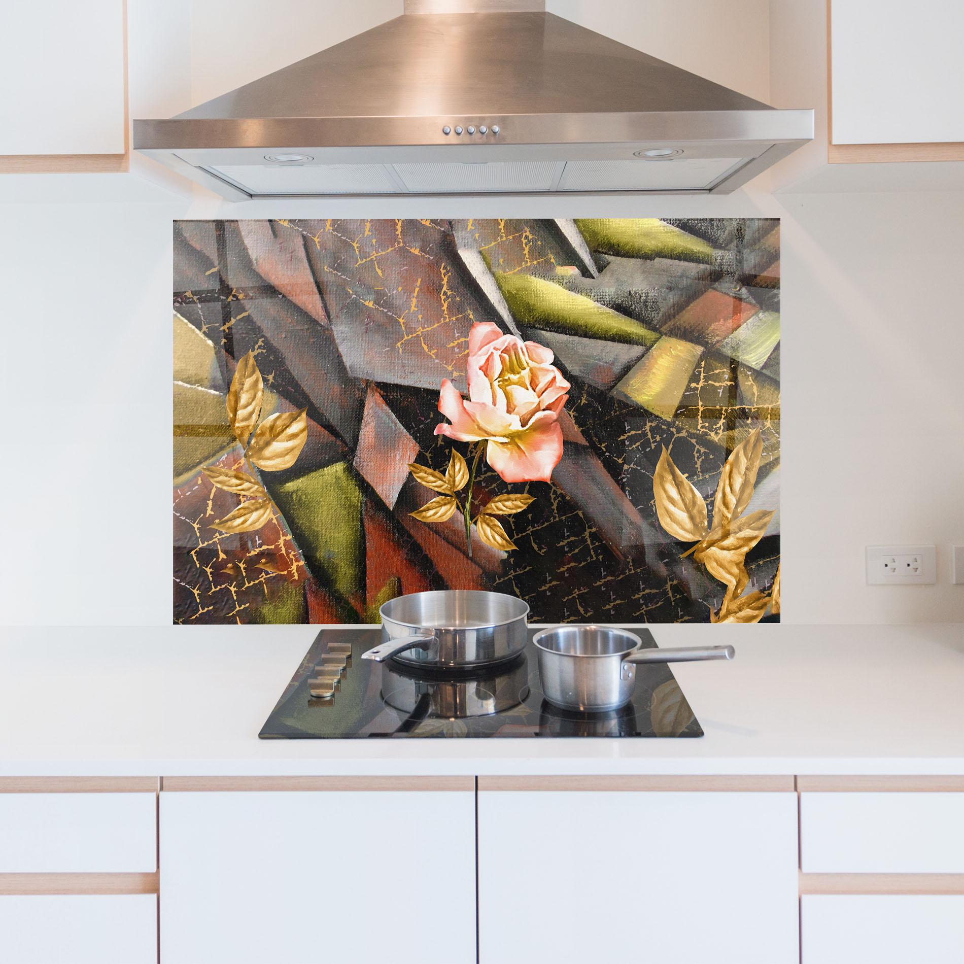 Küchenrückwand Glas Golden Rose mockup 5