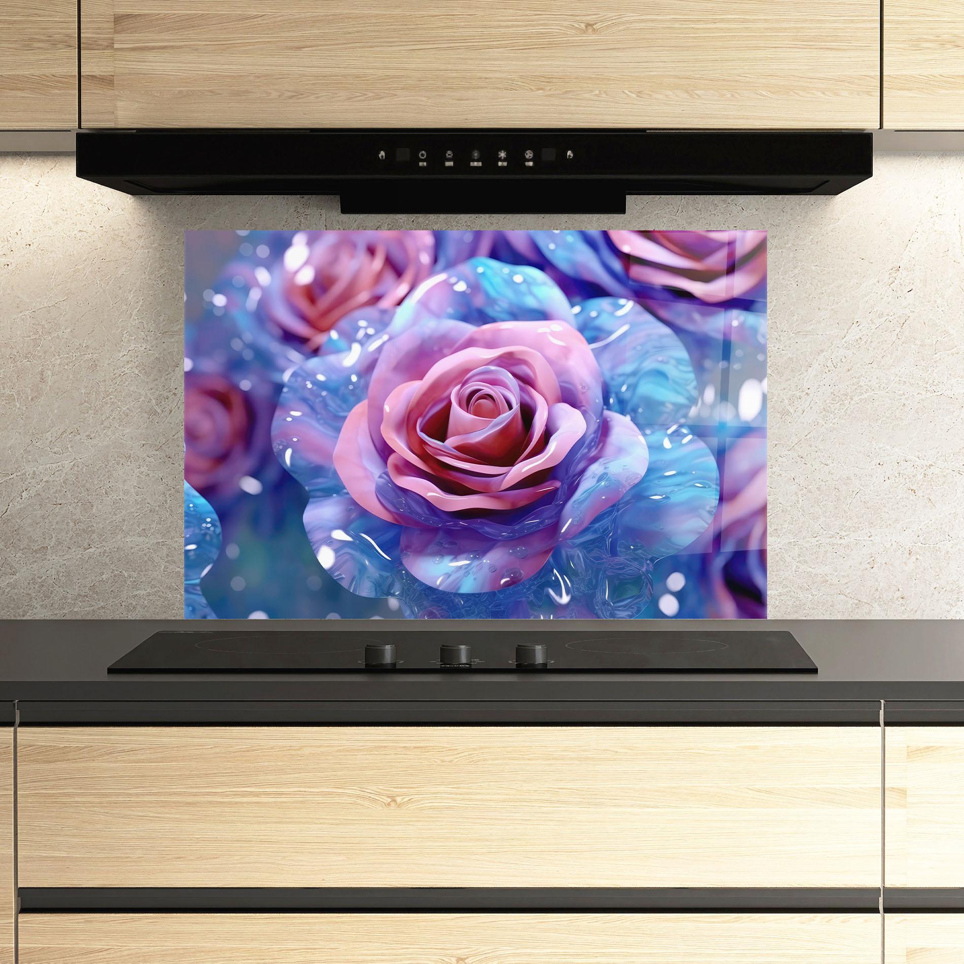 Küchenrückwand Glas Beautiful Blue Pink Rose mockup 3